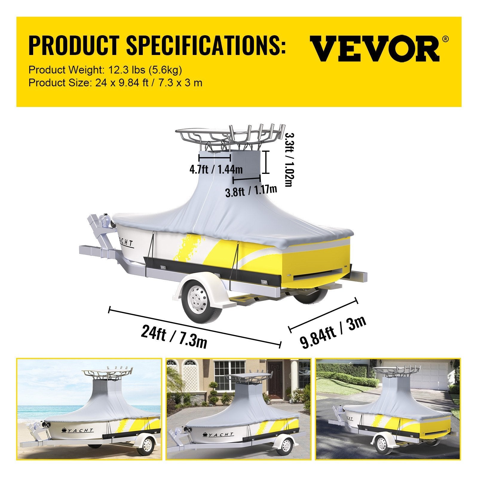 VEVOR T-Top Boat Cover, Fit for 22\'-24\' Boat, Heavy Duty 600D Marine Grade Oxford Hard Top Cover, UV Resistant Waterproof Center Console Boat Cover w/ 2 Support Poles and 7 Wind-Proof Straps, Gray 