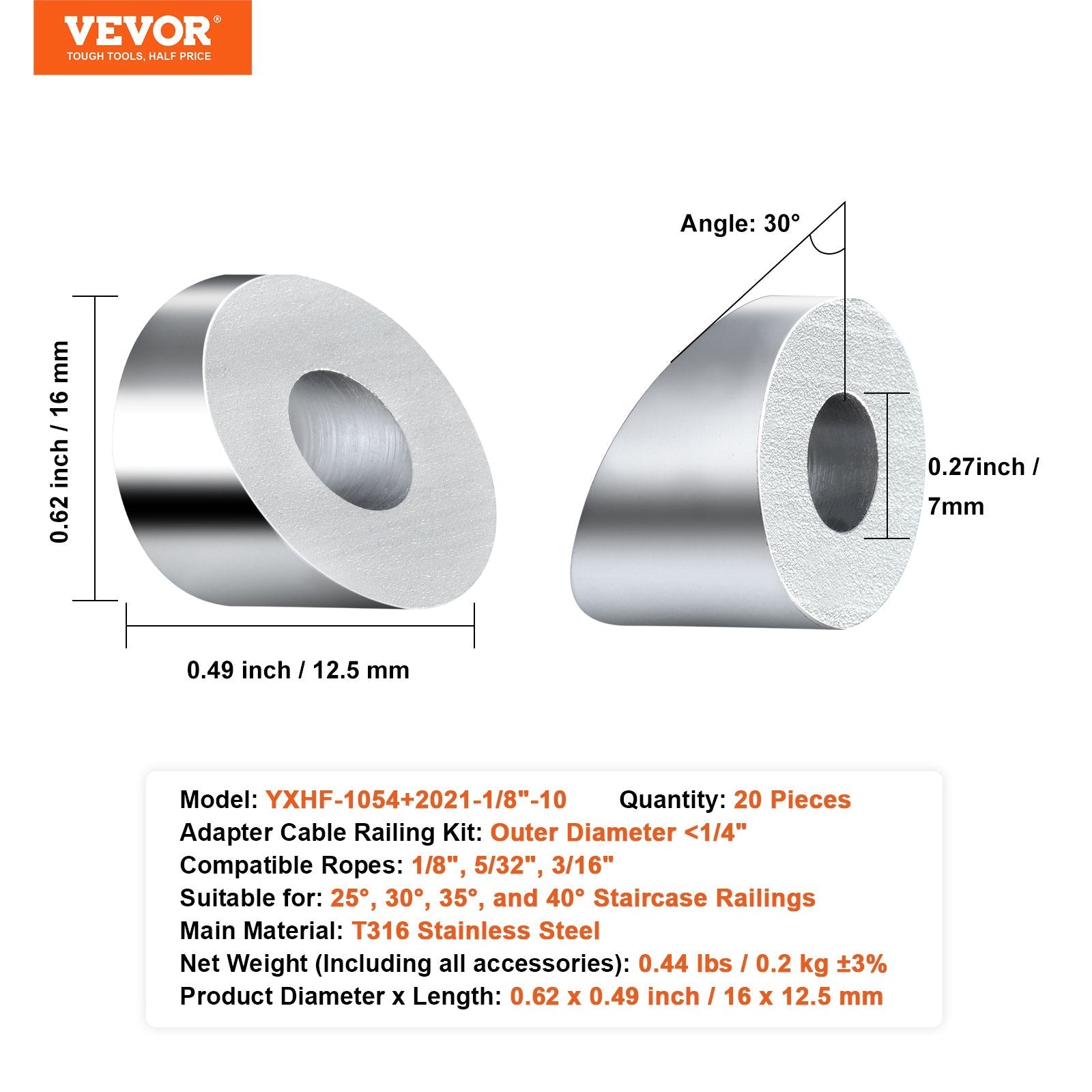 VEVOR 20Pack Cable Railing Kit 1/8" Wheel Protector Sleeves, Bundle with Black Invisible Swage Tensioner and Terminal, Cable Railing Safeguard Covers for 1/8" 3/16" Wire Rope Multi-Angle Install 