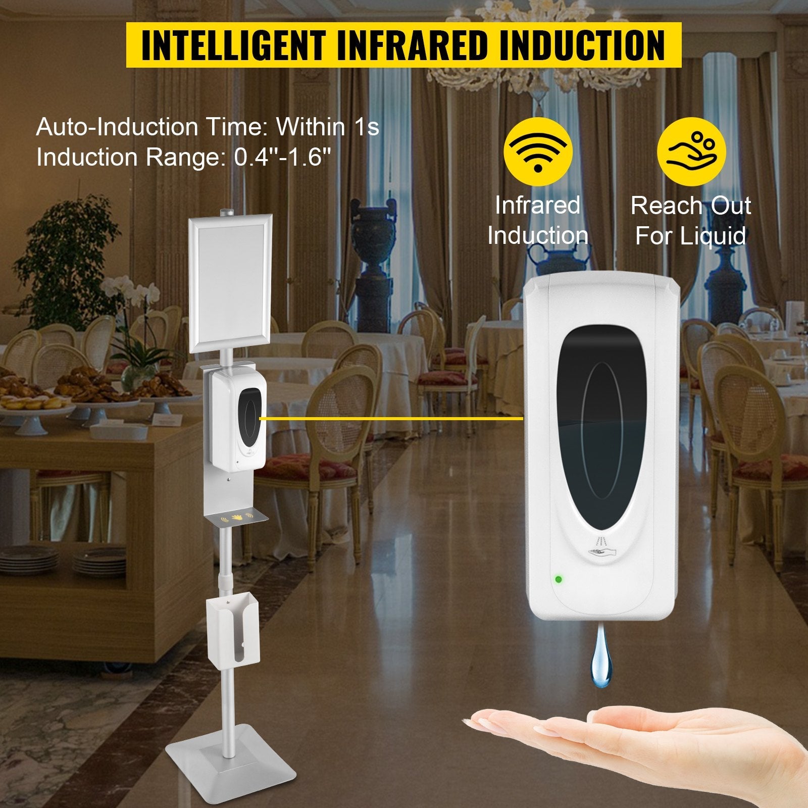 VEVOR Automatic Hand Dispenser with Stand, Infrared Sensing Sanitizing Station with Signboard & Tissue Box, 1000 mL Hand Sanitizer Dispenser, 55''-63'' H Hand Sanitizer Stand for Home & Public Areas 