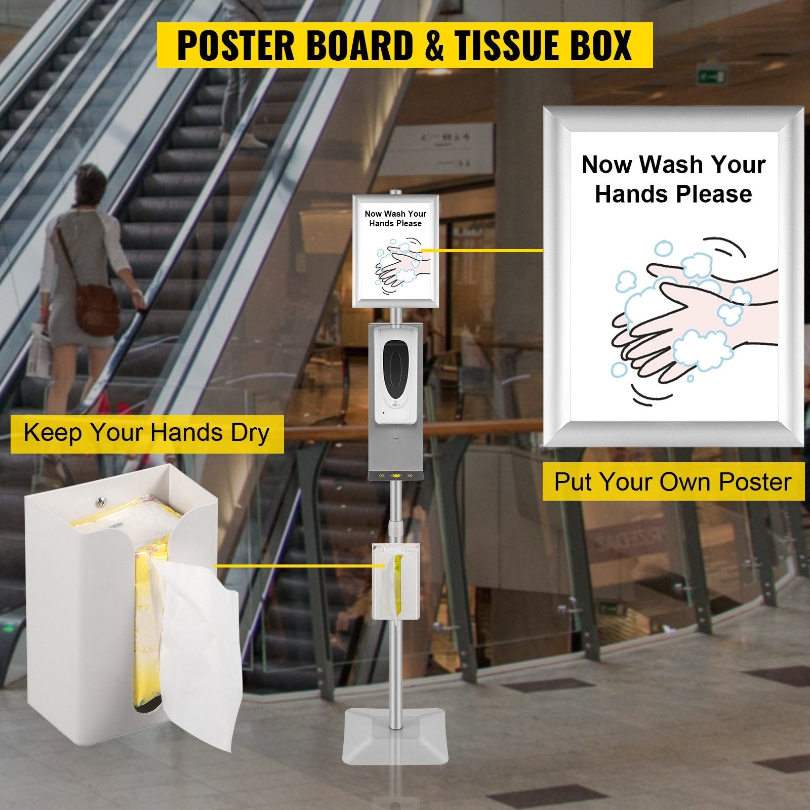 VEVOR Automatic Hand Dispenser with Stand, Infrared Sensing Sanitizing Station with Signboard & Tissue Box, 1000 mL Hand Sanitizer Dispenser, 55''-63'' H Hand Sanitizer Stand for Home & Public Areas 