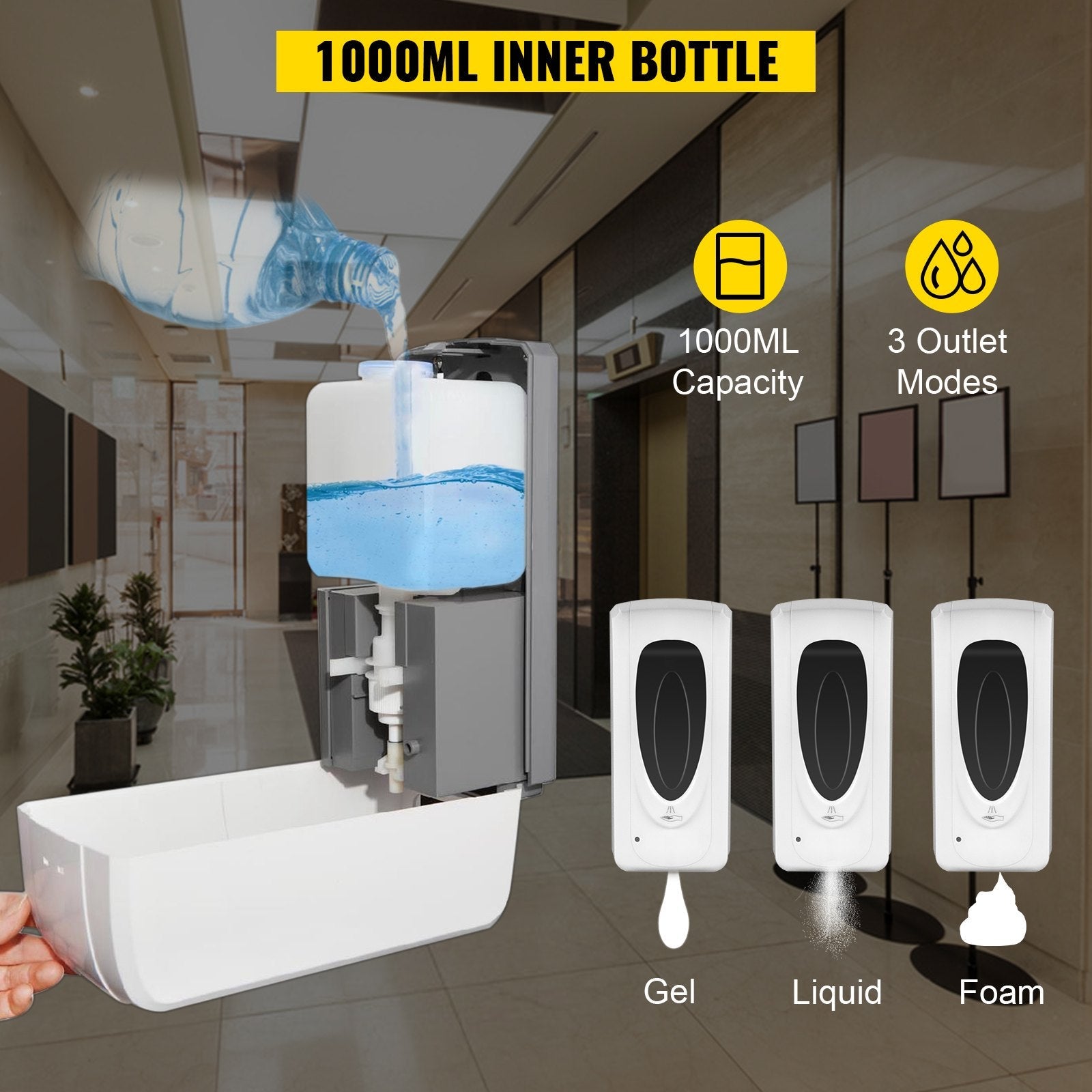 VEVOR Automatic Hand Dispenser with Stand, Infrared Sensing Sanitizing Station with Signboard & Tissue Box, 1000 mL Hand Sanitizer Dispenser, 55''-63'' H Hand Sanitizer Stand for Home & Public Areas 