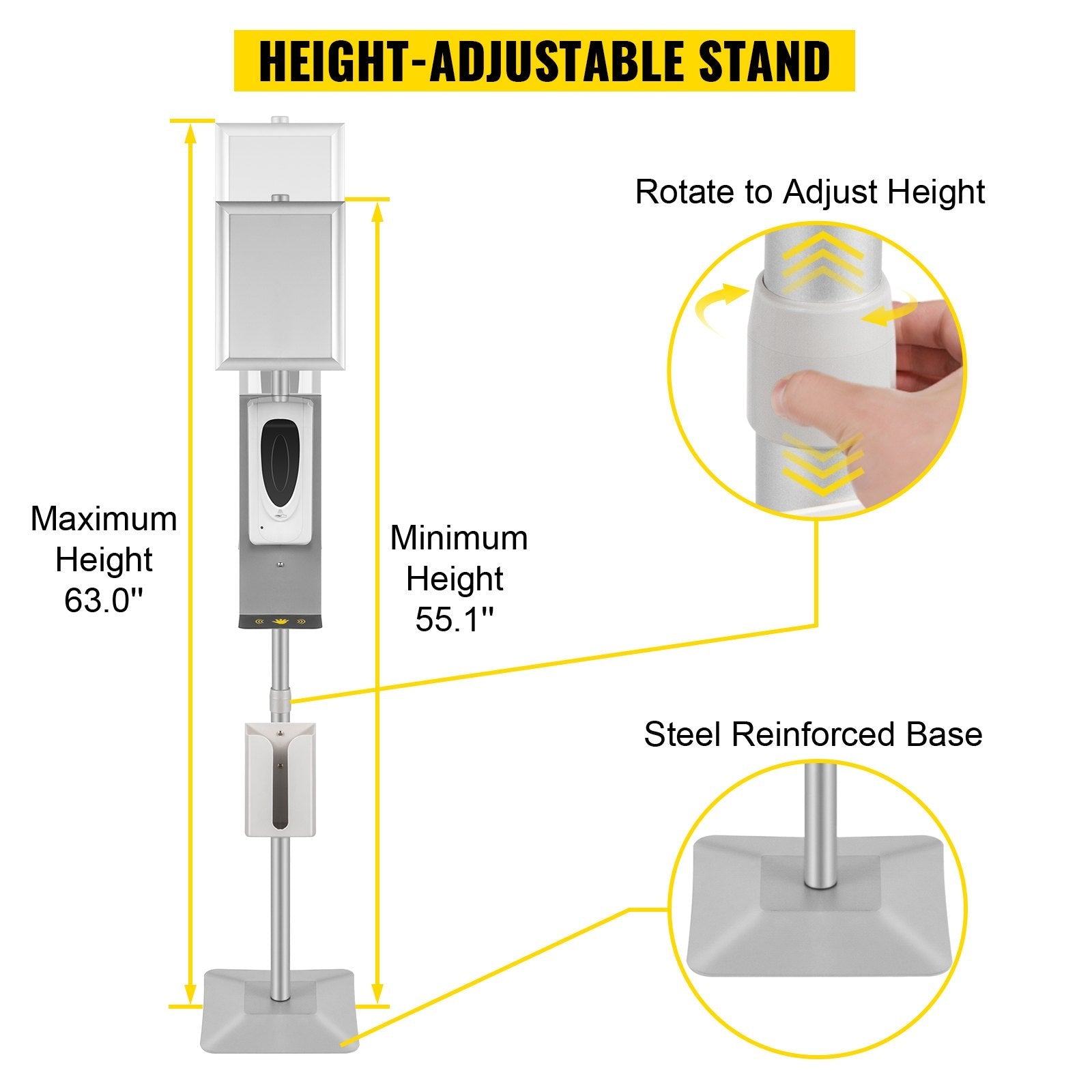 VEVOR Automatic Hand Dispenser with Stand, Infrared Sensing Sanitizing Station with Signboard & Tissue Box, 1000 mL Hand Sanitizer Dispenser, 55''-63'' H Hand Sanitizer Stand for Home & Public Areas 