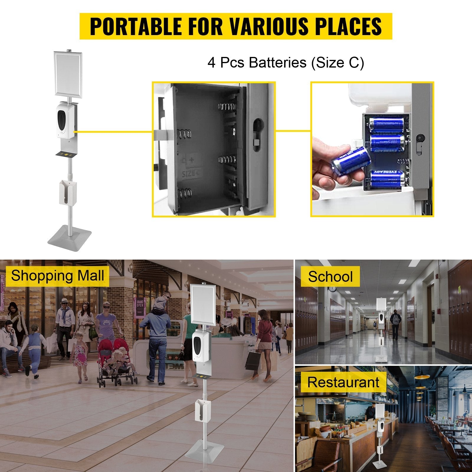 VEVOR Automatic Hand Dispenser with Stand, Infrared Sensing Sanitizing Station with Signboard & Tissue Box, 1000 mL Hand Sanitizer Dispenser, 55''-63'' H Hand Sanitizer Stand for Home & Public Areas 