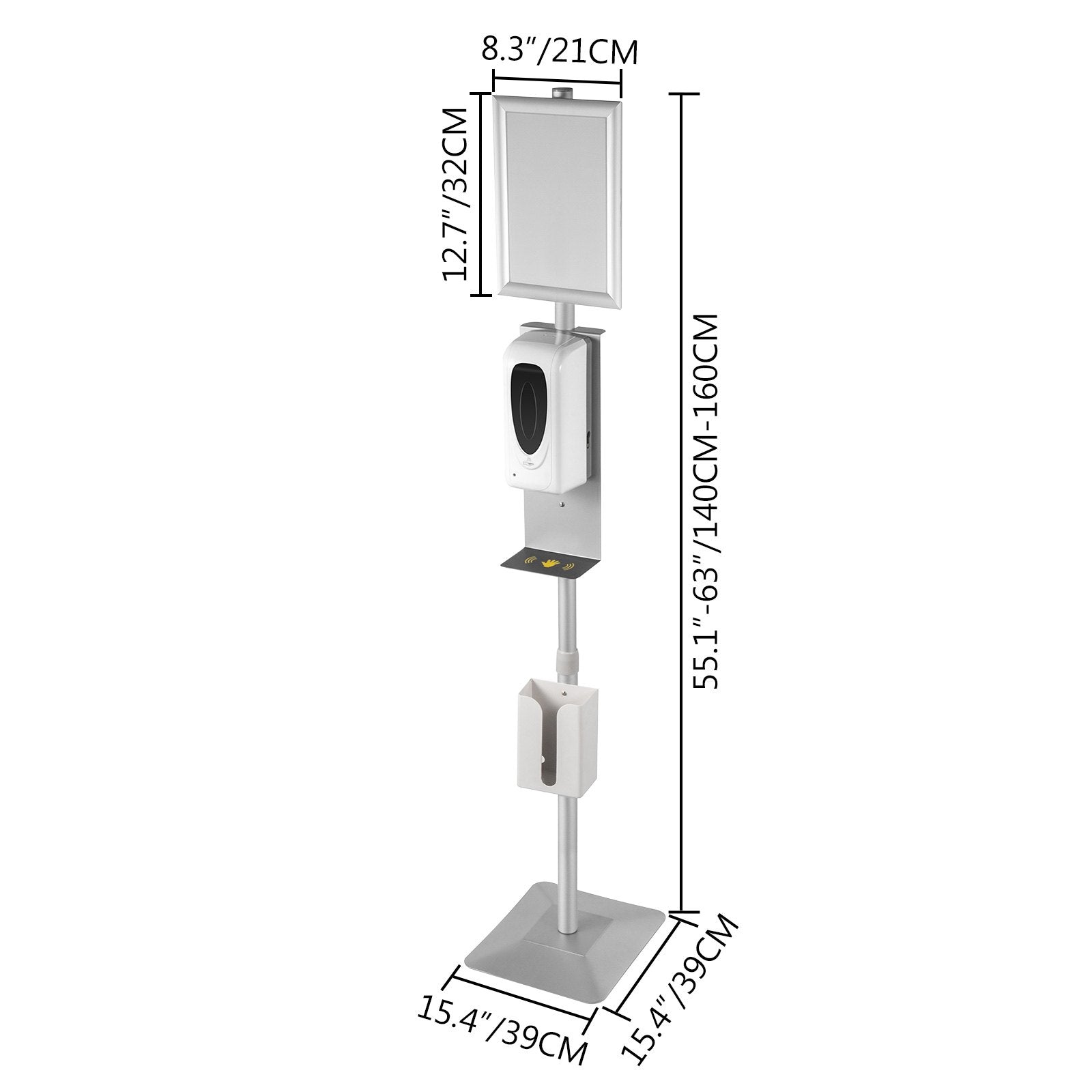 VEVOR Automatic Hand Dispenser with Stand, Infrared Sensing Sanitizing Station with Signboard & Tissue Box, 1000 mL Hand Sanitizer Dispenser, 55''-63'' H Hand Sanitizer Stand for Home & Public Areas 