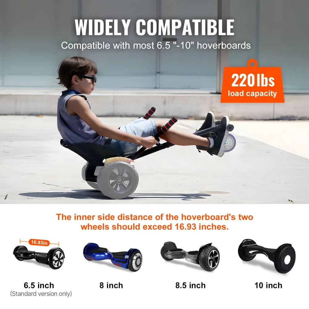 VEVOR Hoverboard Seat Attachment, Compatible with All 6.5" 8" 8.5" 10" Hoverboards, Grips Control, Adjustable Frame Length and 220 LBS Load Capacity, Hover Board Go Karts Accessory, for Kids Adults