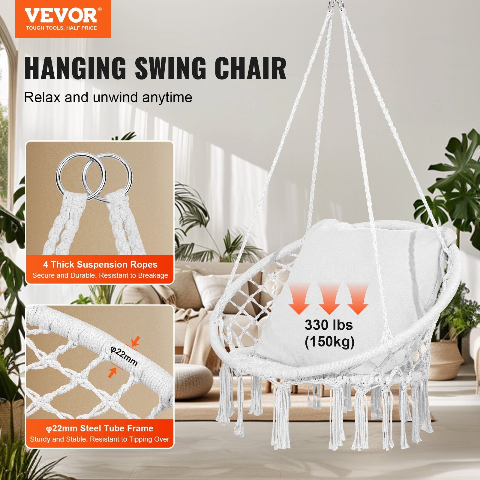 VEVOR Hammock Swinging Chair Macramé Hanging Chair with Cushion Indoor & Outdoor 