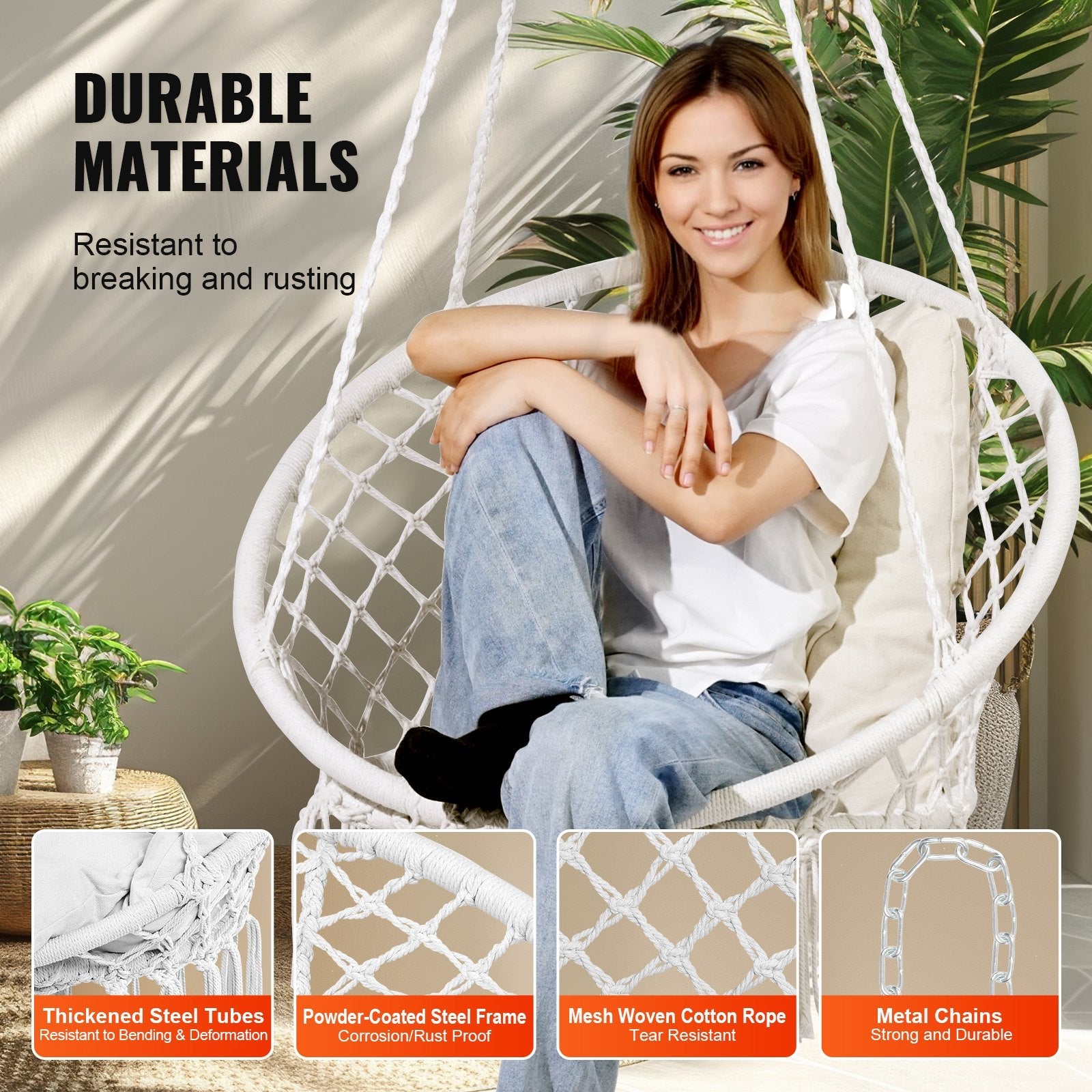 VEVOR Hammock Swinging Chair Macramé Hanging Chair with Cushion Indoor & Outdoor 