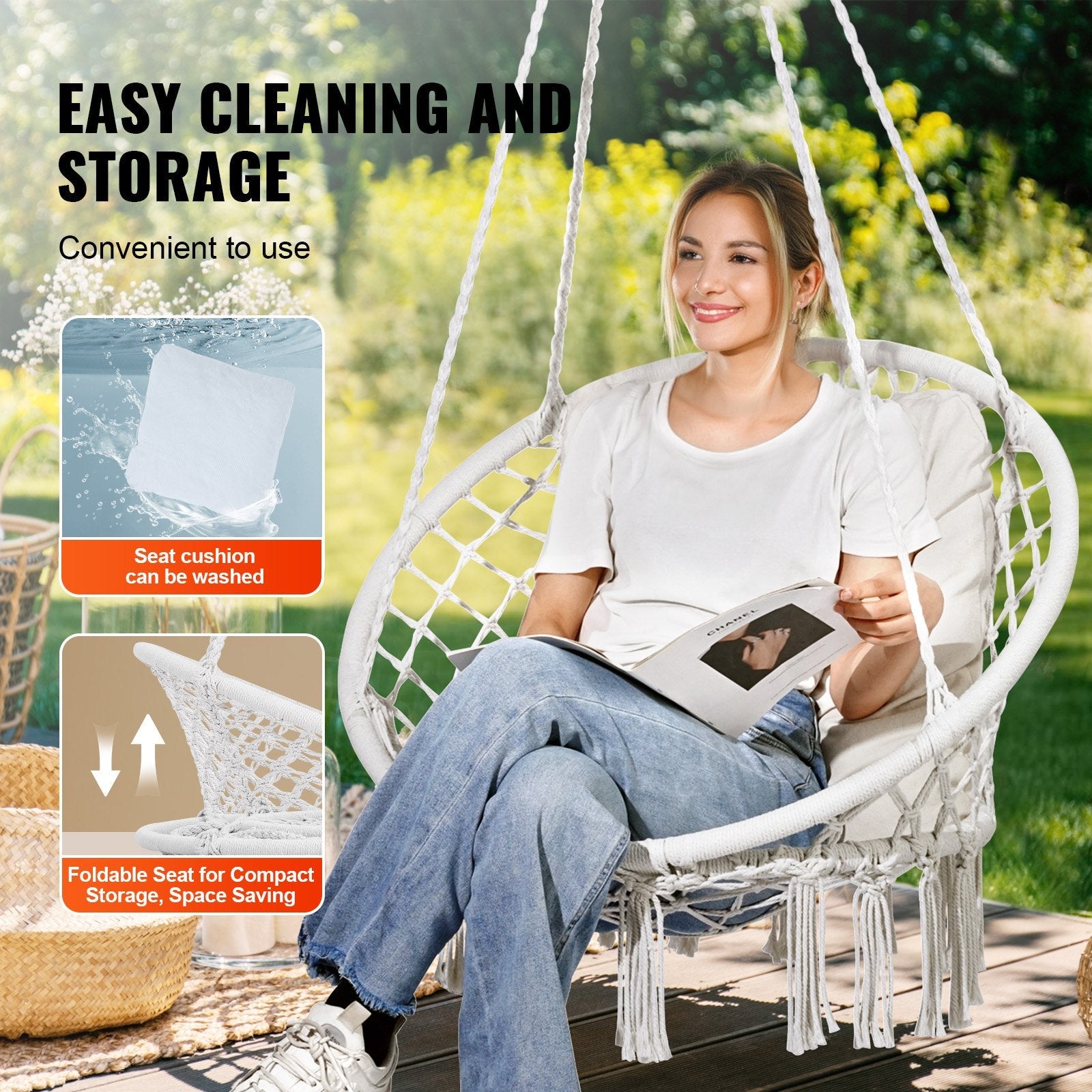 VEVOR Hammock Swinging Chair Macramé Hanging Chair with Cushion Indoor & Outdoor 