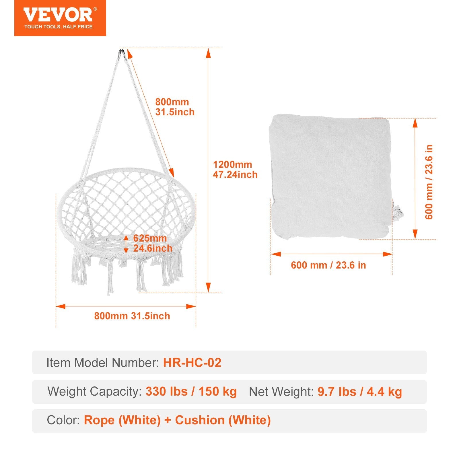 VEVOR Hammock Swinging Chair Macramé Hanging Chair with Cushion Indoor & Outdoor 