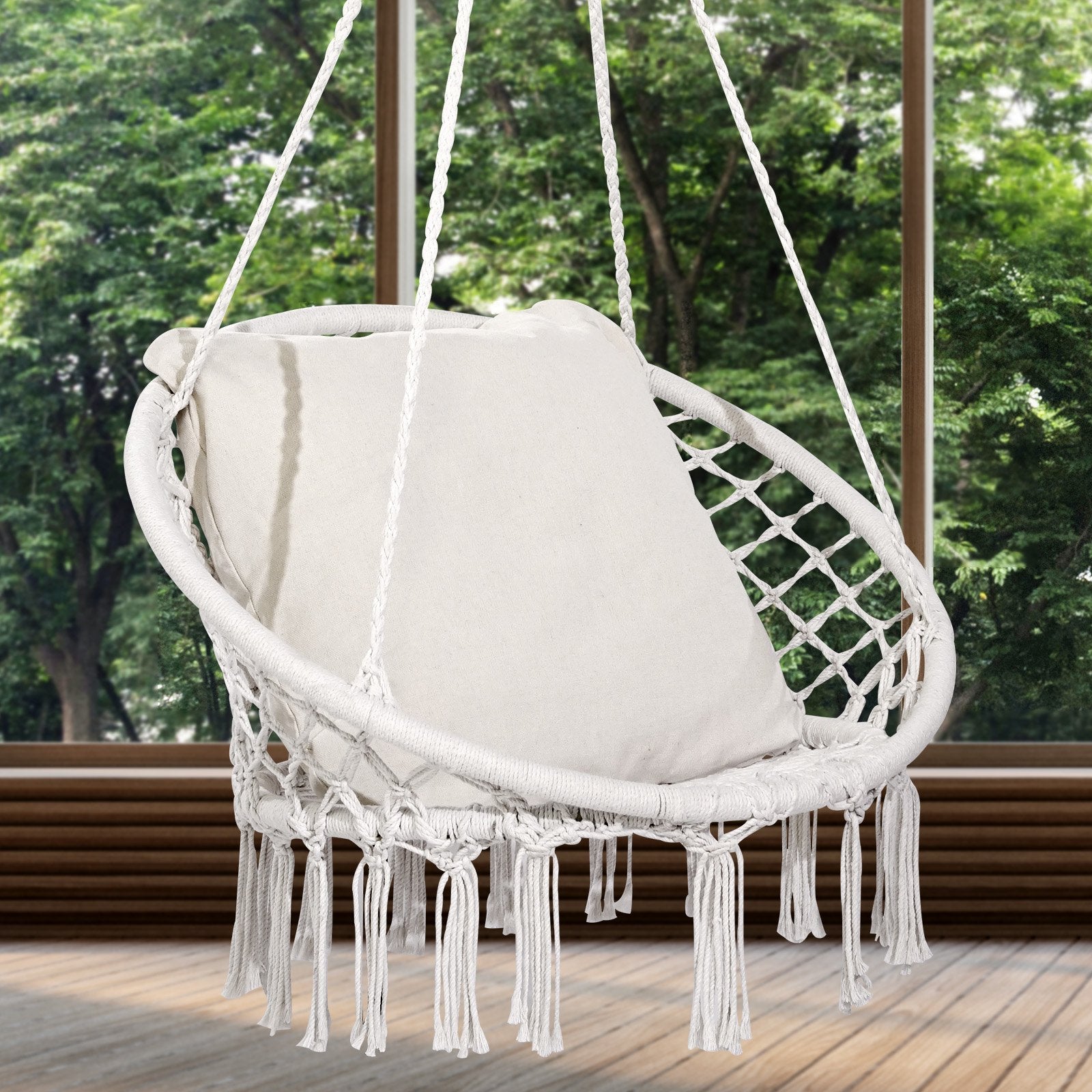 VEVOR Hammock Swinging Chair Macramé Hanging Chair with Cushion Indoor & Outdoor 