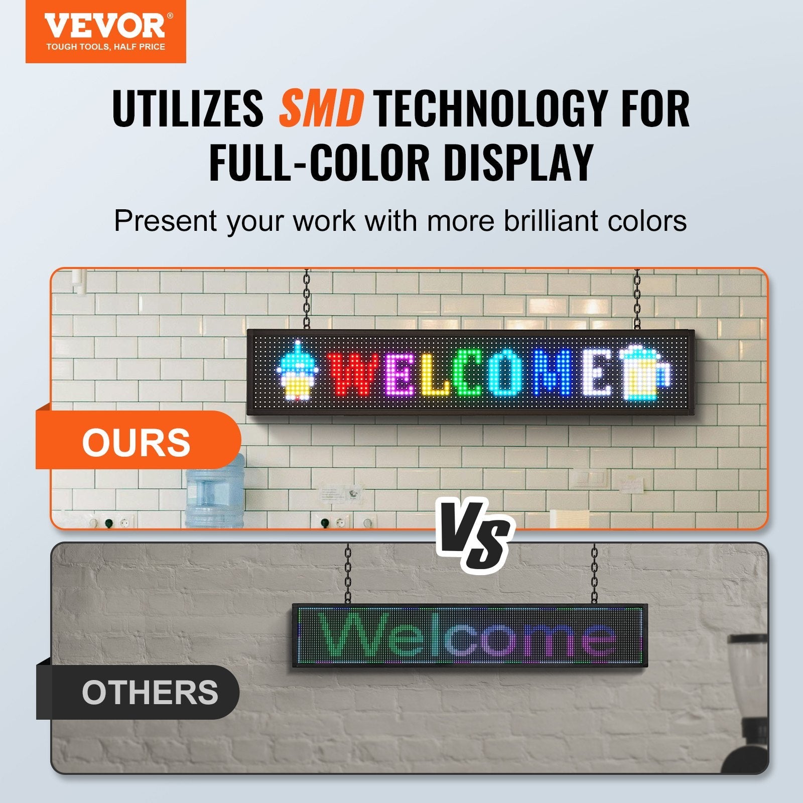 VEVOR Programmable LED Sign, P10 Full Color LED Scrolling Panel, DIY Custom Text Animation Pattern Display Board, WIFI USB Control Message Shop Sign for Store Business Party Bar Advertising, 39"x7.5" 