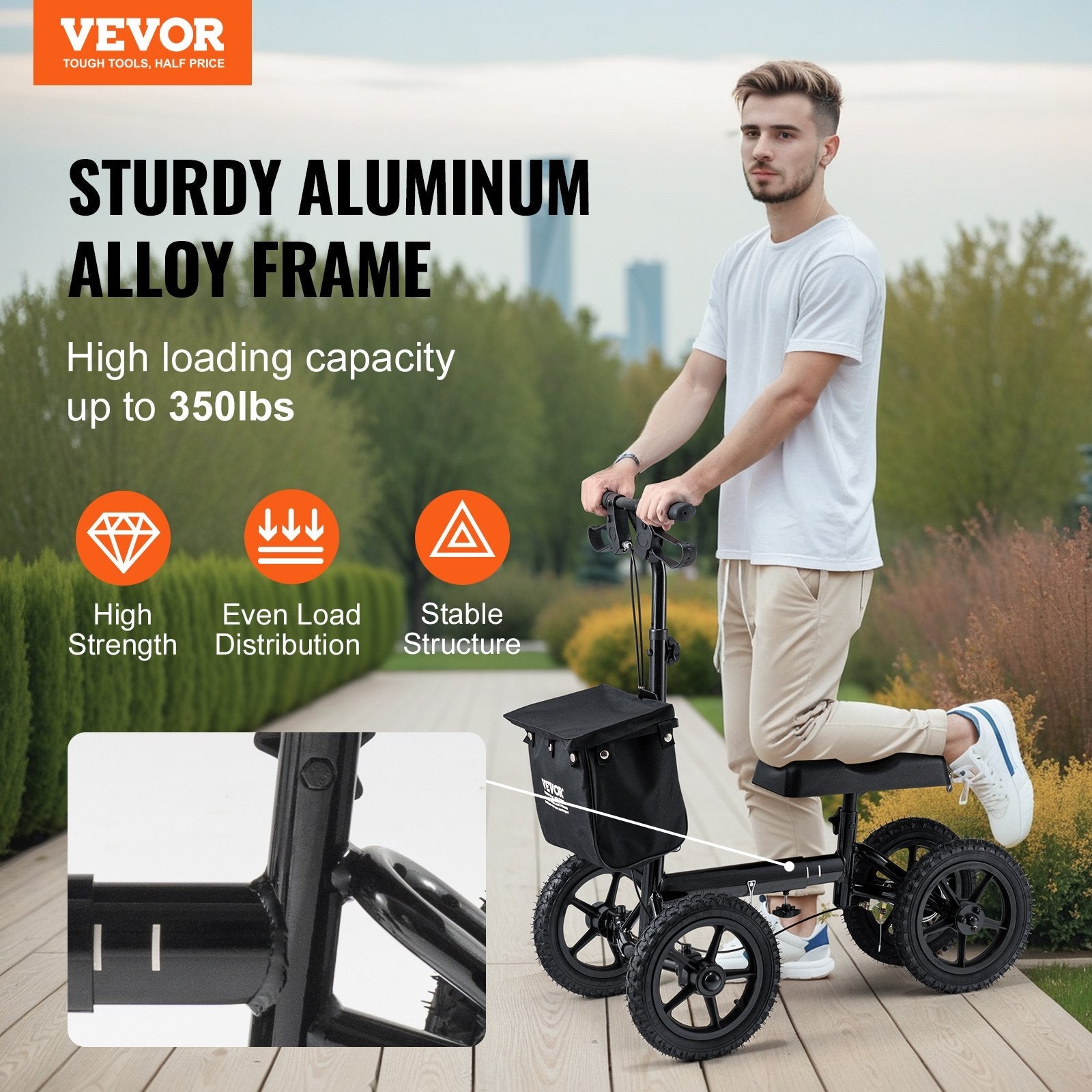 VEVOR Folding Knee Scooter, Aluminum Steerable Knee Walker with Height-Adjustable Handlebar & Knee Pad, 12" All-Terrain Wheels, Dual Brakes, Leg Recovery Scooter for Broken Ankle Foot Injuries, 350LBS 