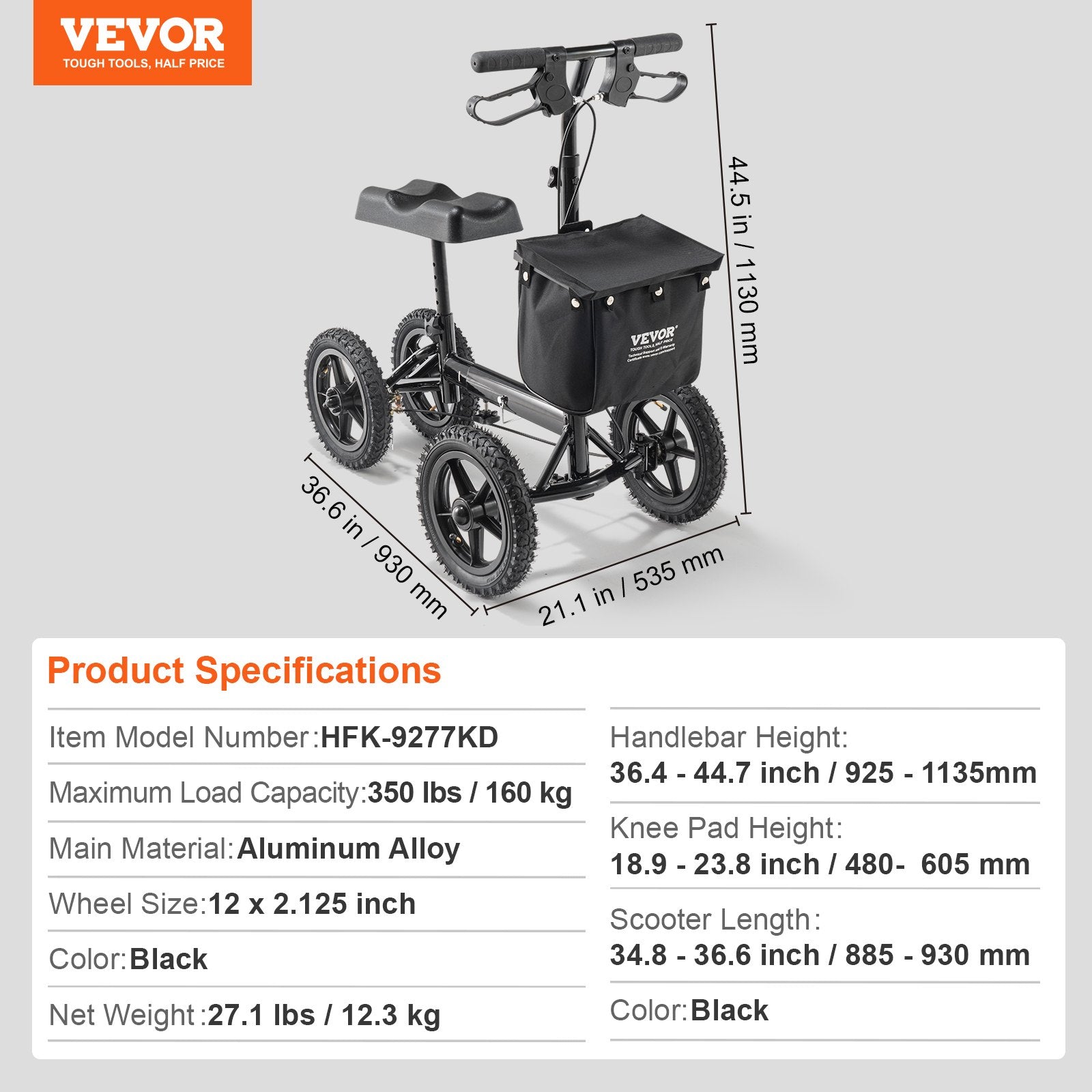 VEVOR Folding Knee Scooter, Aluminum Steerable Knee Walker with Height-Adjustable Handlebar & Knee Pad, 12" All-Terrain Wheels, Dual Brakes, Leg Recovery Scooter for Broken Ankle Foot Injuries, 350LBS 