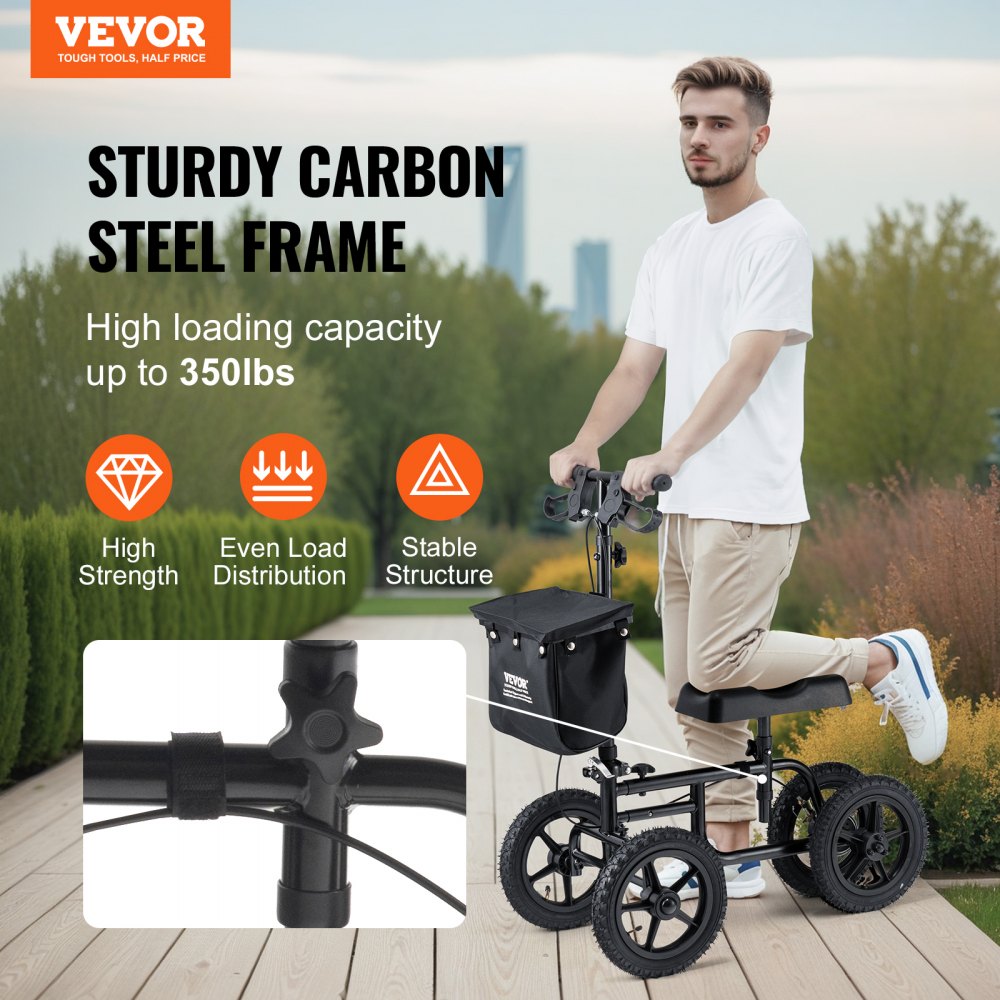 VEVOR Folding Knee Scooter, Carbon Steel Steerable Knee Walker with Height-Adjustable Handlebar & Knee Pad, 12" All-Terrain Wheel, Dual Brakes, Leg Recovery Scooter for Injured Ankle Foot Knee, 350LBS 
