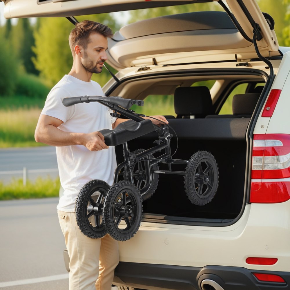 VEVOR Folding Knee Scooter, Carbon Steel Steerable Knee Walker with Height-Adjustable Handlebar & Knee Pad, 12" All-Terrain Wheel, Dual Brakes, Leg Recovery Scooter for Injured Ankle Foot Knee, 350LBS 