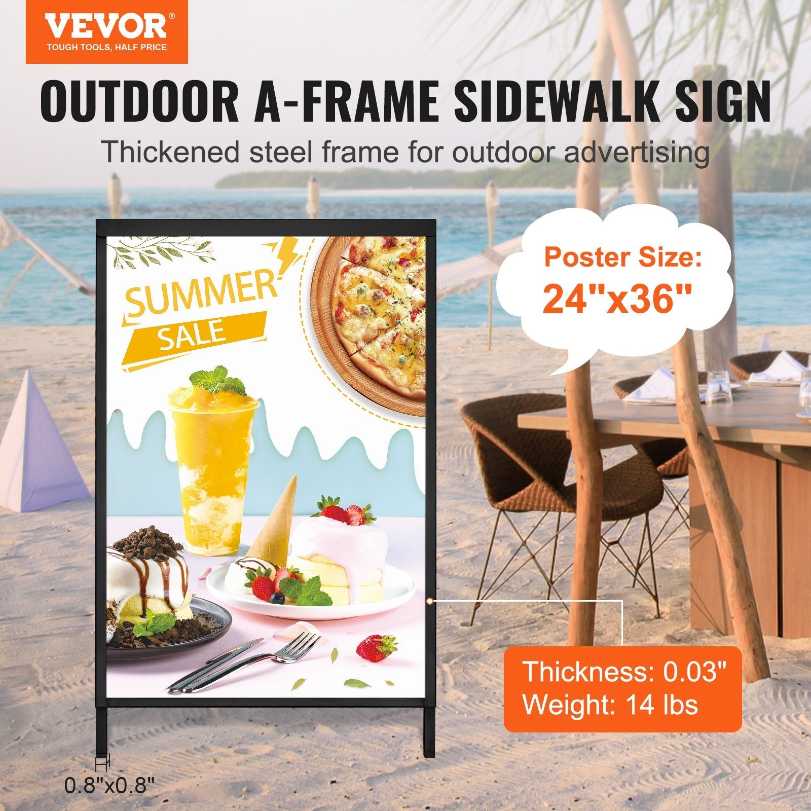 VEVOR A Frame Sidewalk Sign, 24x36 Inch Heavy Duty Slide-in Signboard Holder, Double-Sided Folding Sandwich Board Signs, Steel Pavement Sign Poster for Outdoor Business Street Advertising (Frame only) 