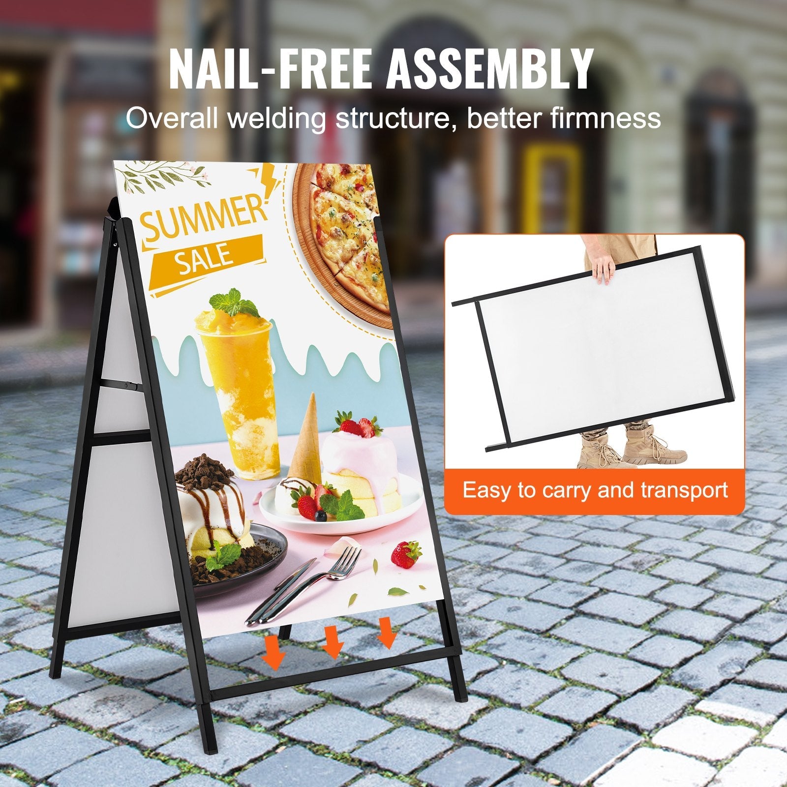 VEVOR A Frame Sidewalk Sign, 24x36 Inch Heavy Duty Slide-in Signboard Holder, Double-Sided Folding Sandwich Board Signs, Steel Pavement Sign Poster for Outdoor Business Street Advertising (Frame only) 