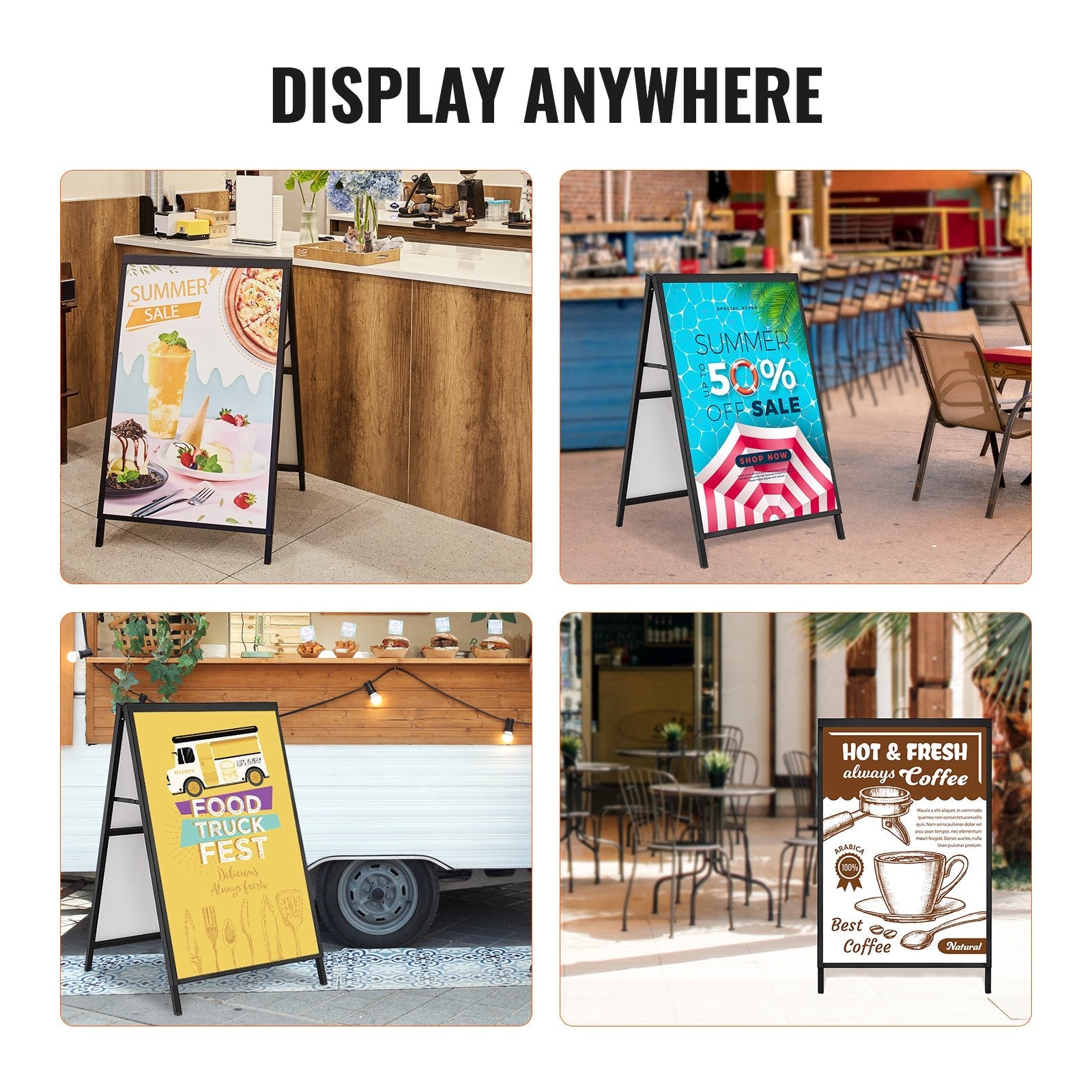 VEVOR A Frame Sidewalk Sign, 24x36 Inch Heavy Duty Slide-in Signboard Holder, Double-Sided Folding Sandwich Board Signs, Steel Pavement Sign Poster for Outdoor Business Street Advertising (Frame only) 