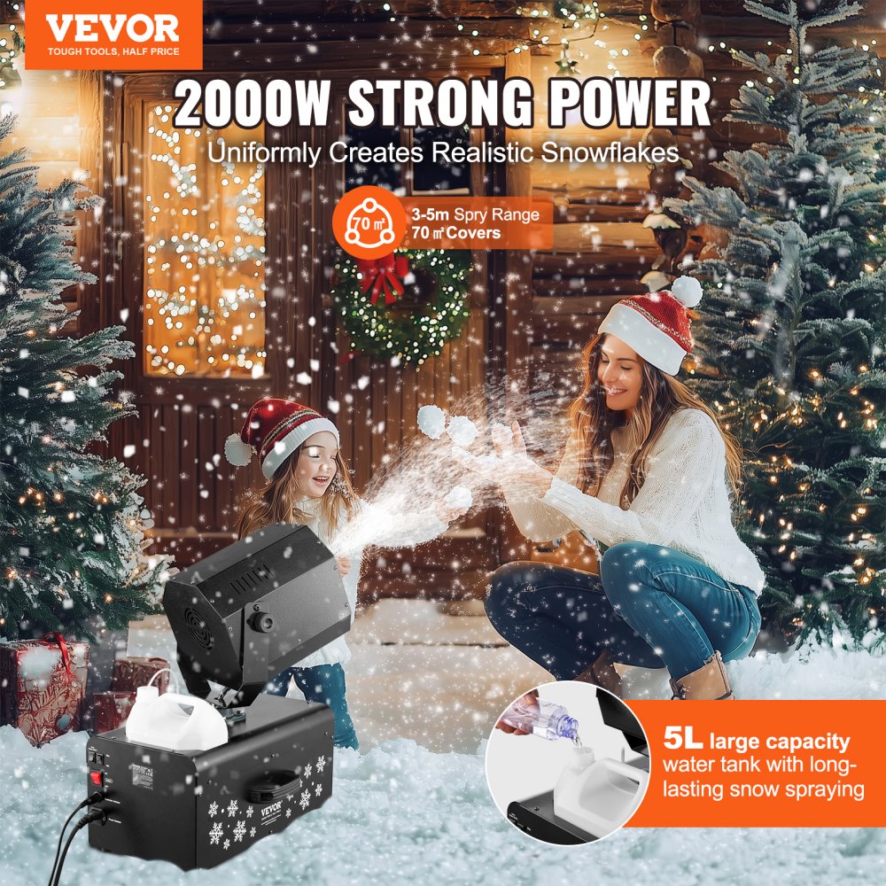 VEVOR Snow Machine 2000W Wireless Remote Swing Snow Making Machine for Holiday 