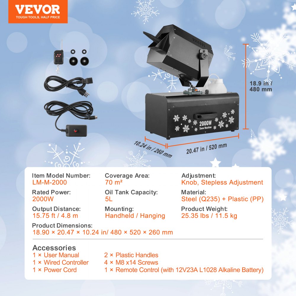 VEVOR Snow Machine 2000W Wireless Remote Swing Snow Making Machine for Holiday 