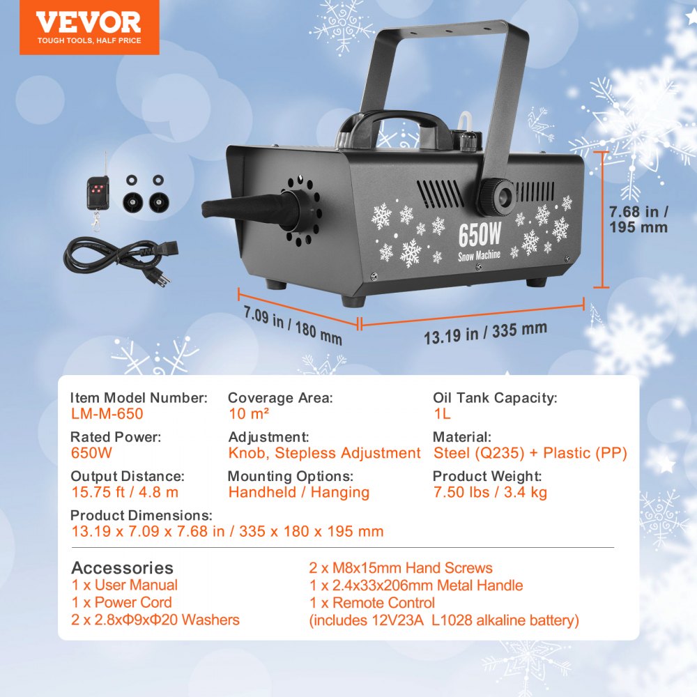 VEVOR Snow Machine 650W Handheld Hanging Snow Making Machine for Holidays 