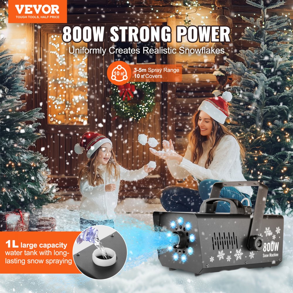 VEVOR Snow Machine 800W Handheld Hanging Snow Maker with LED Light for Holidays 