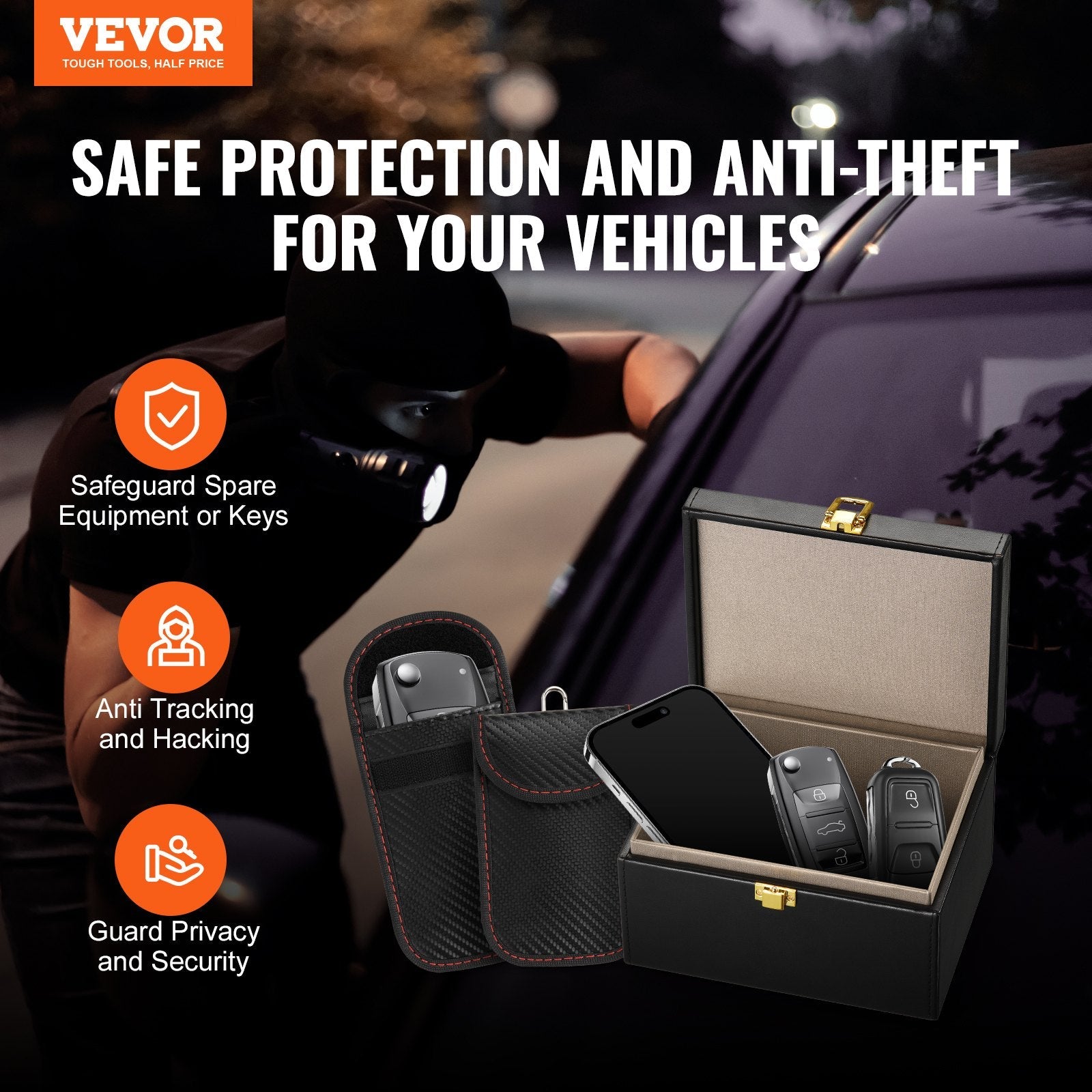VEVOR Faraday Box Signal Blocking Holder for 5~8 Car Keys with 2 Key Bags Black 