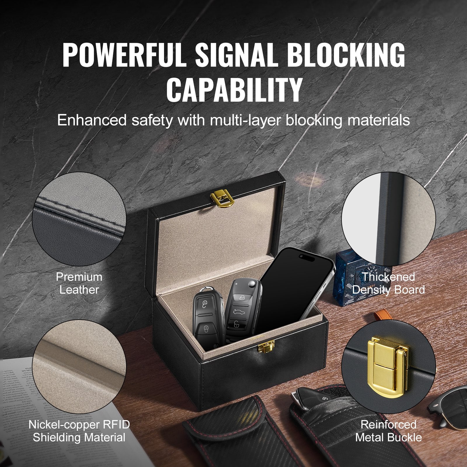 VEVOR Faraday Box Signal Blocking Holder for 5~8 Car Keys with 2 Key Bags Black 