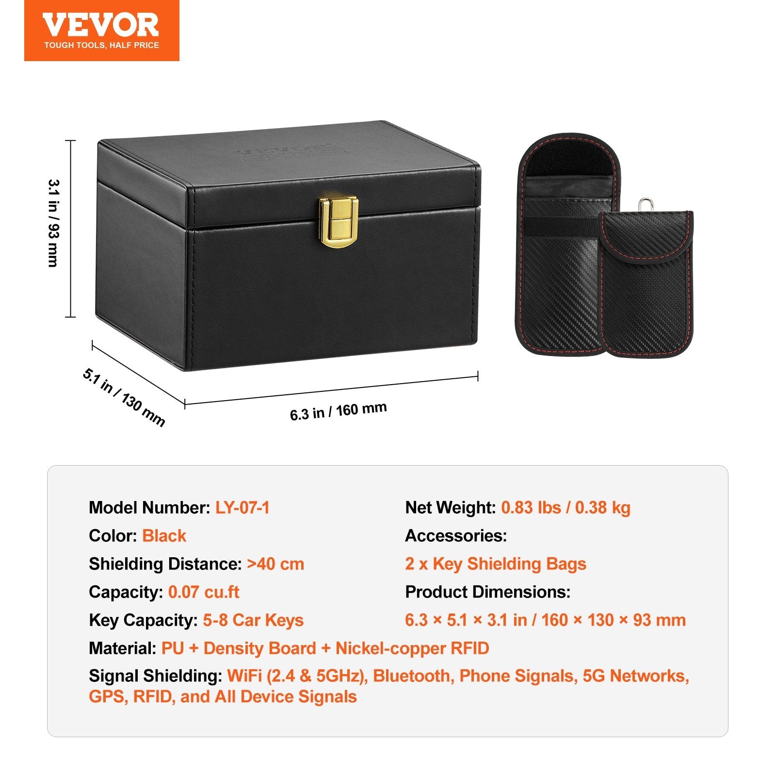 VEVOR Faraday Box Signal Blocking Holder for 5~8 Car Keys with 2 Key Bags Black 