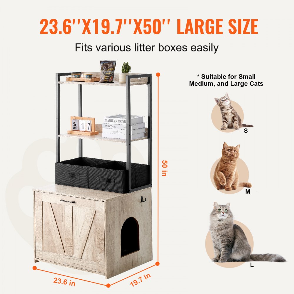 VEVOR Cat Litter Box Enclosure Litter Box Furniture Hidden 2 Shelves & 2 Baskets 
