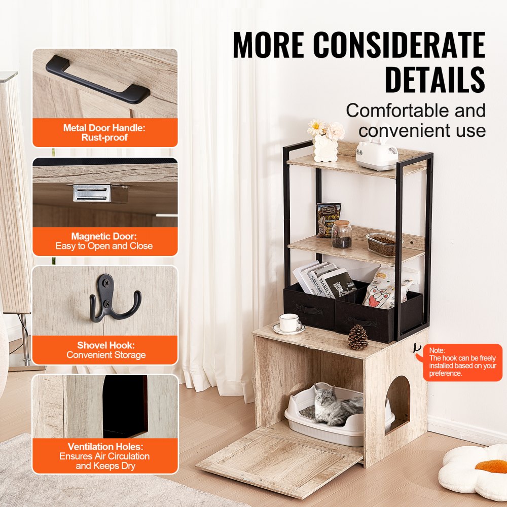 VEVOR Cat Litter Box Enclosure Litter Box Furniture Hidden 2 Shelves & 2 Baskets 