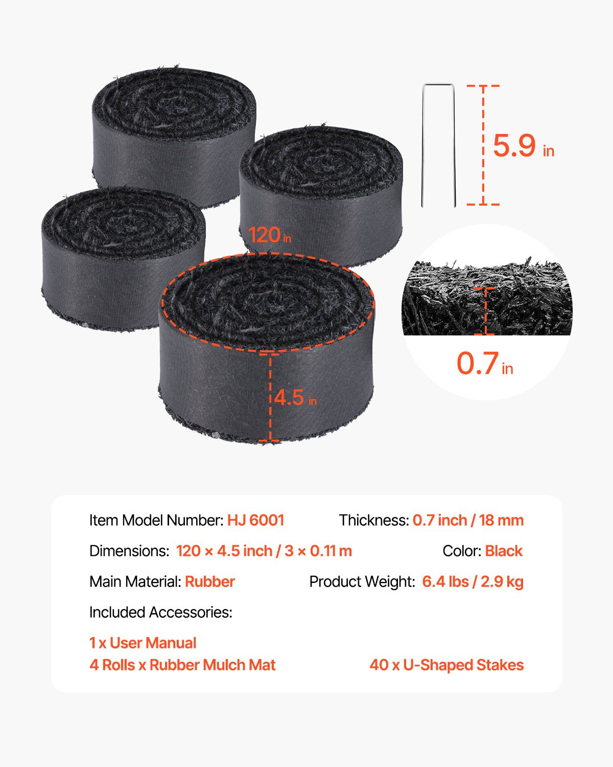VEVOR 4 Rolls Rubber Mulch Roll for Landscaping 120 x 4.5in Rubber Mulch Mat 