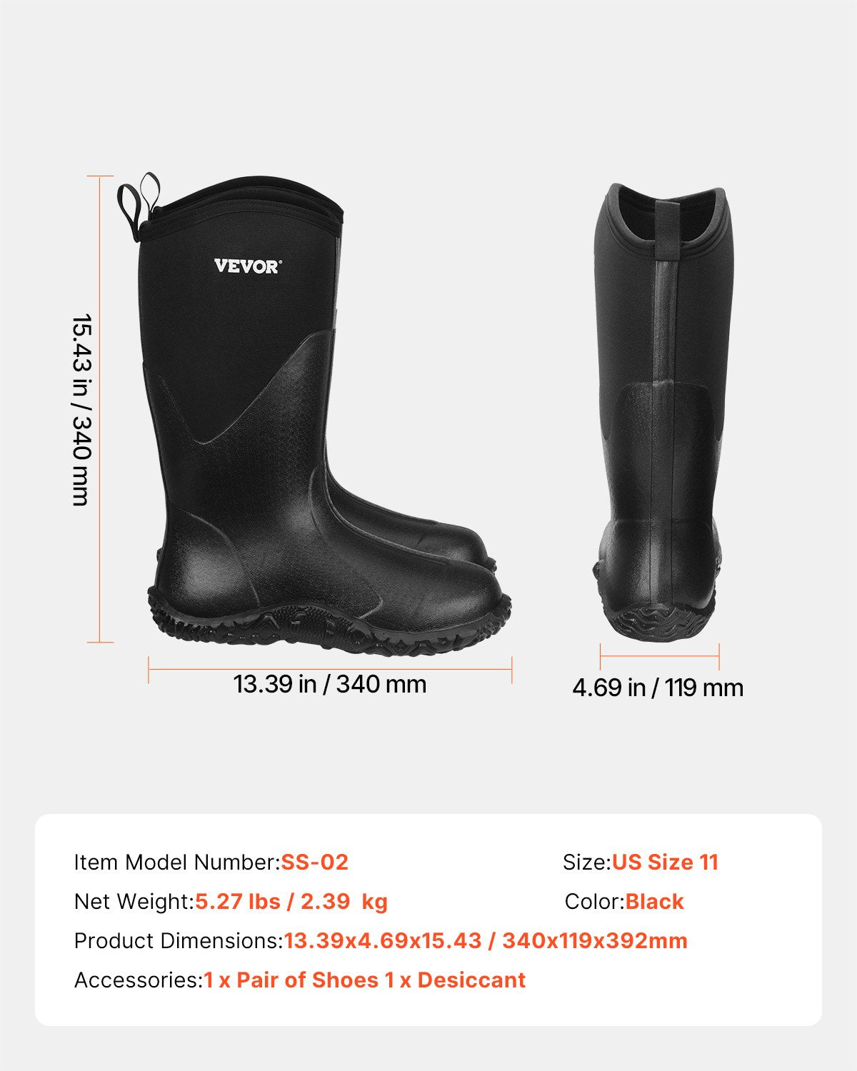 VEVOR Protective Footwear for Men Neoprene Rubber Work Rain Boots Size 11 US 