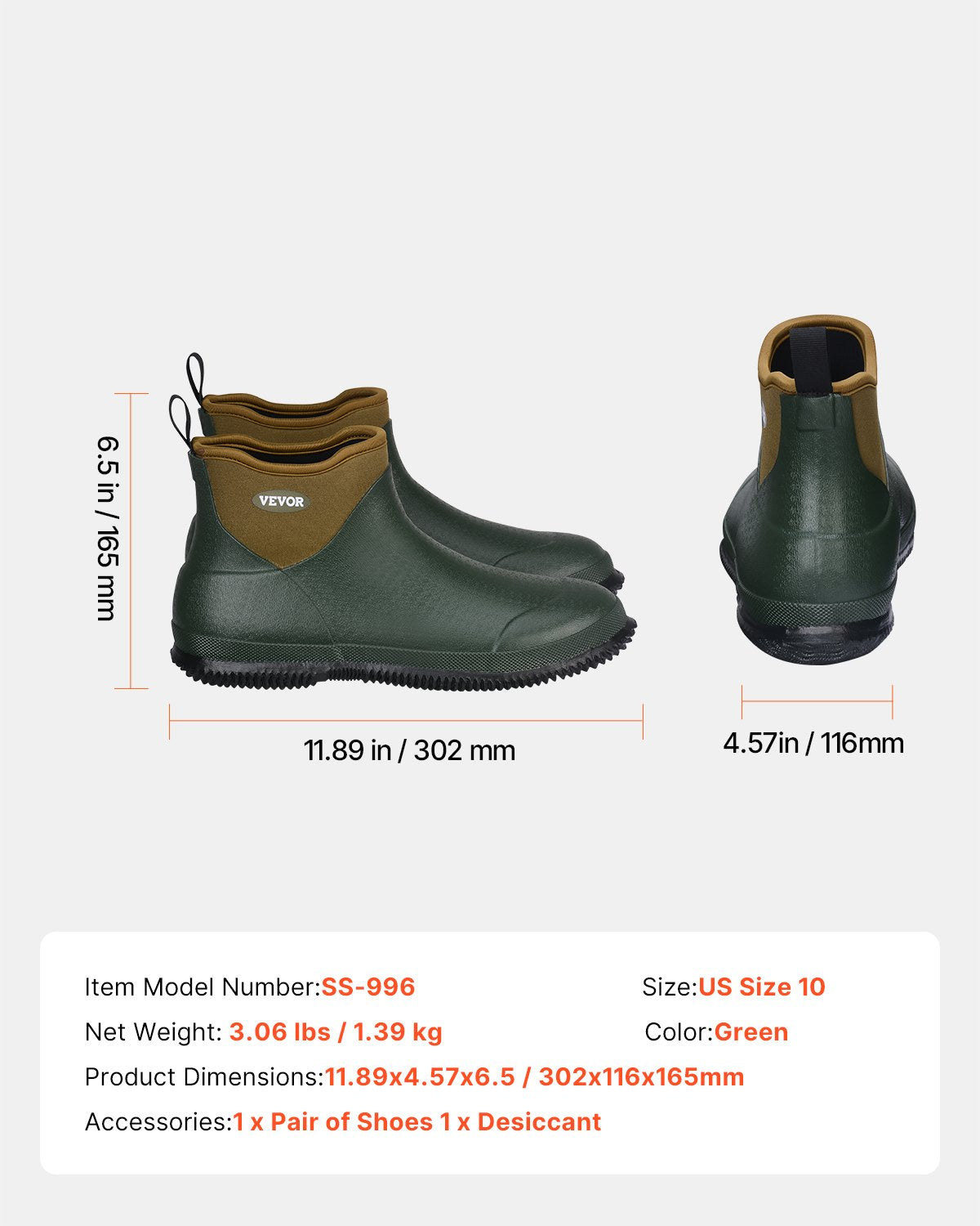 VEVOR Women's Ankle Deck Boots Waterproof Anti-Slip Work Rain Boots Size 10 US 