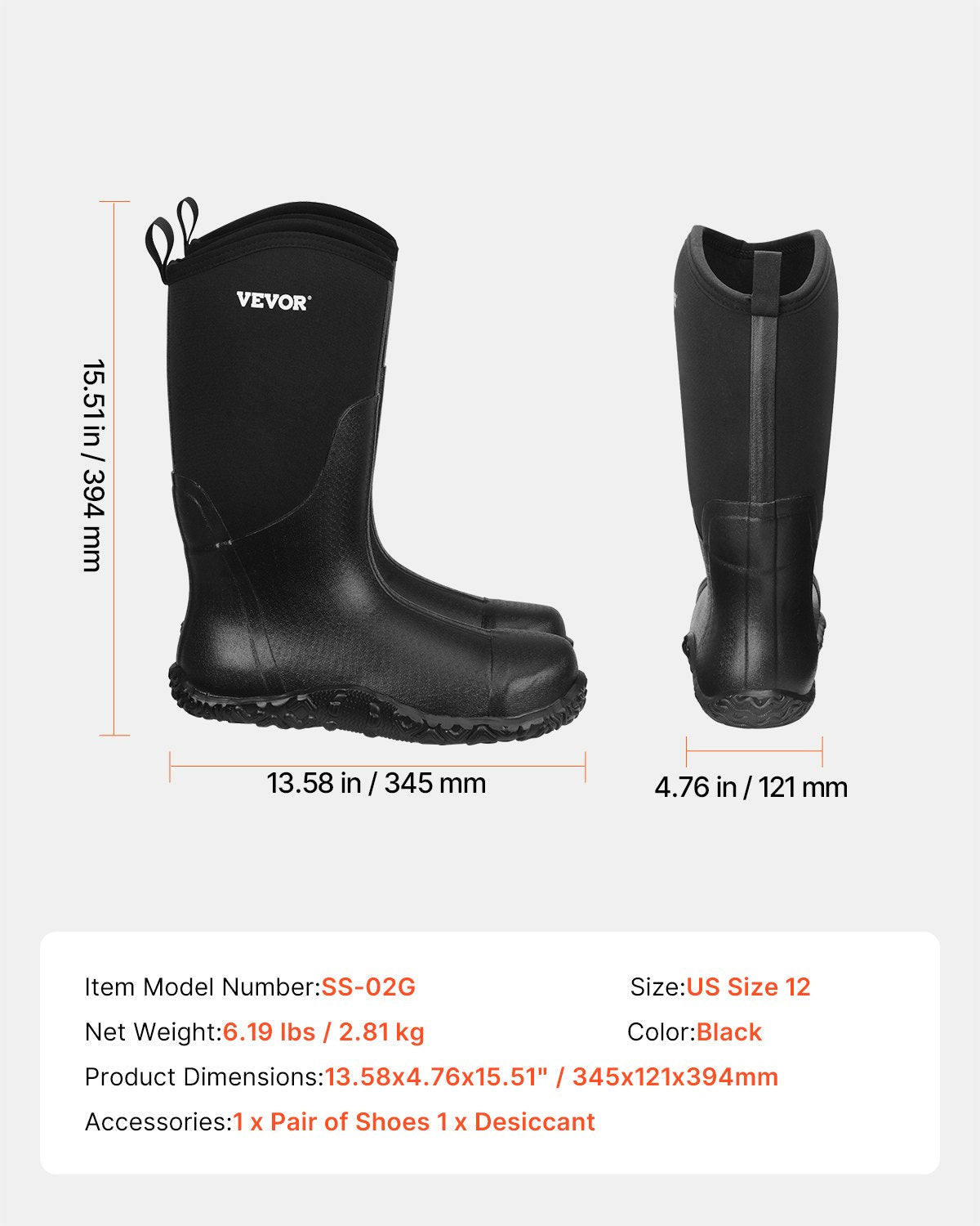 VEVOR Rubber Boots Men Protective Footwear Steel Toe Work Rain Boots Size 12 US 