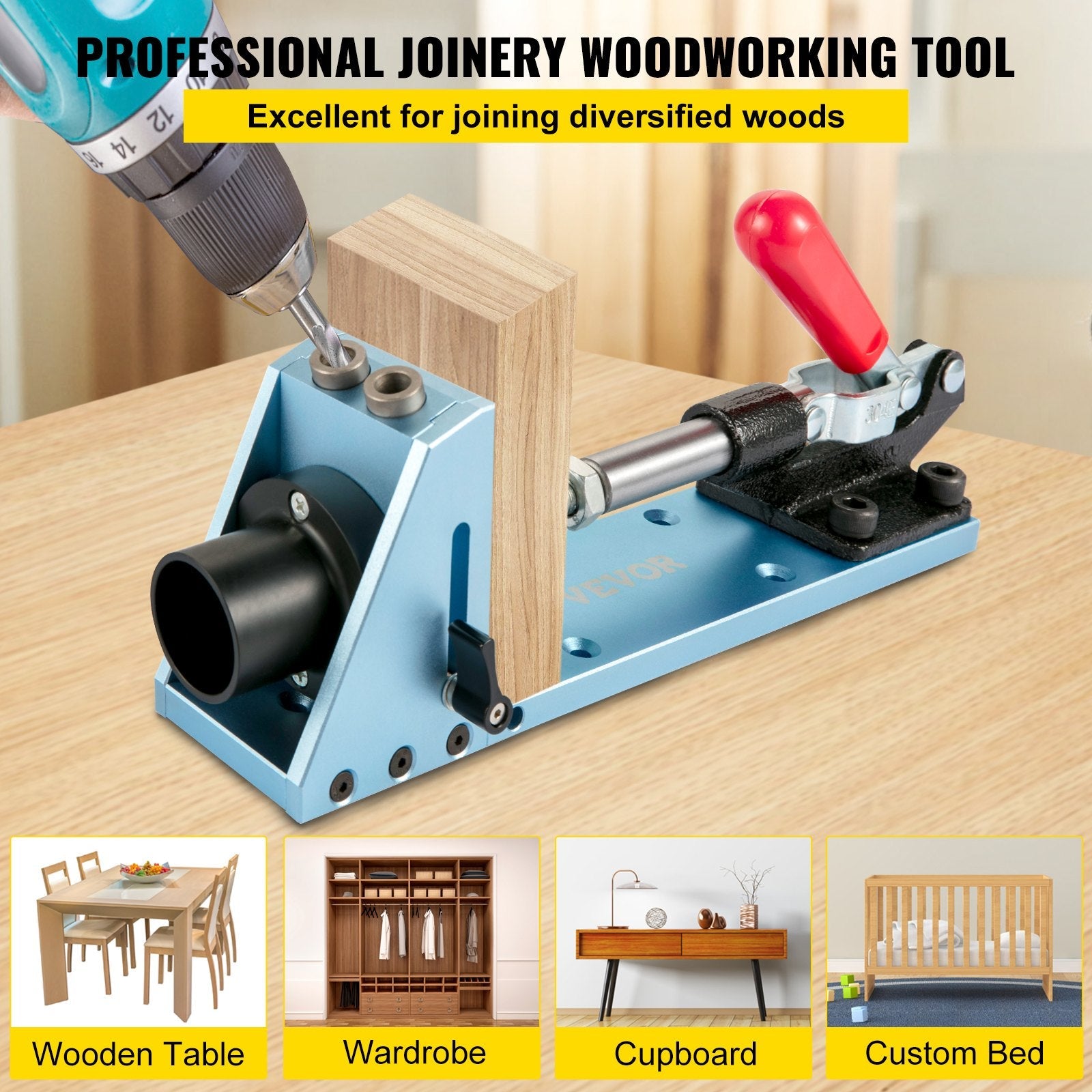VEVOR Pocket Hole Jig Kit, M4 Adjustable & Easy to Use Joinery Woodworking System, Professional and Upgraded Aluminum, Wood Guides Joint Angle Tool w/Drill Bit Hex Key Screws for DIY Carpentry 