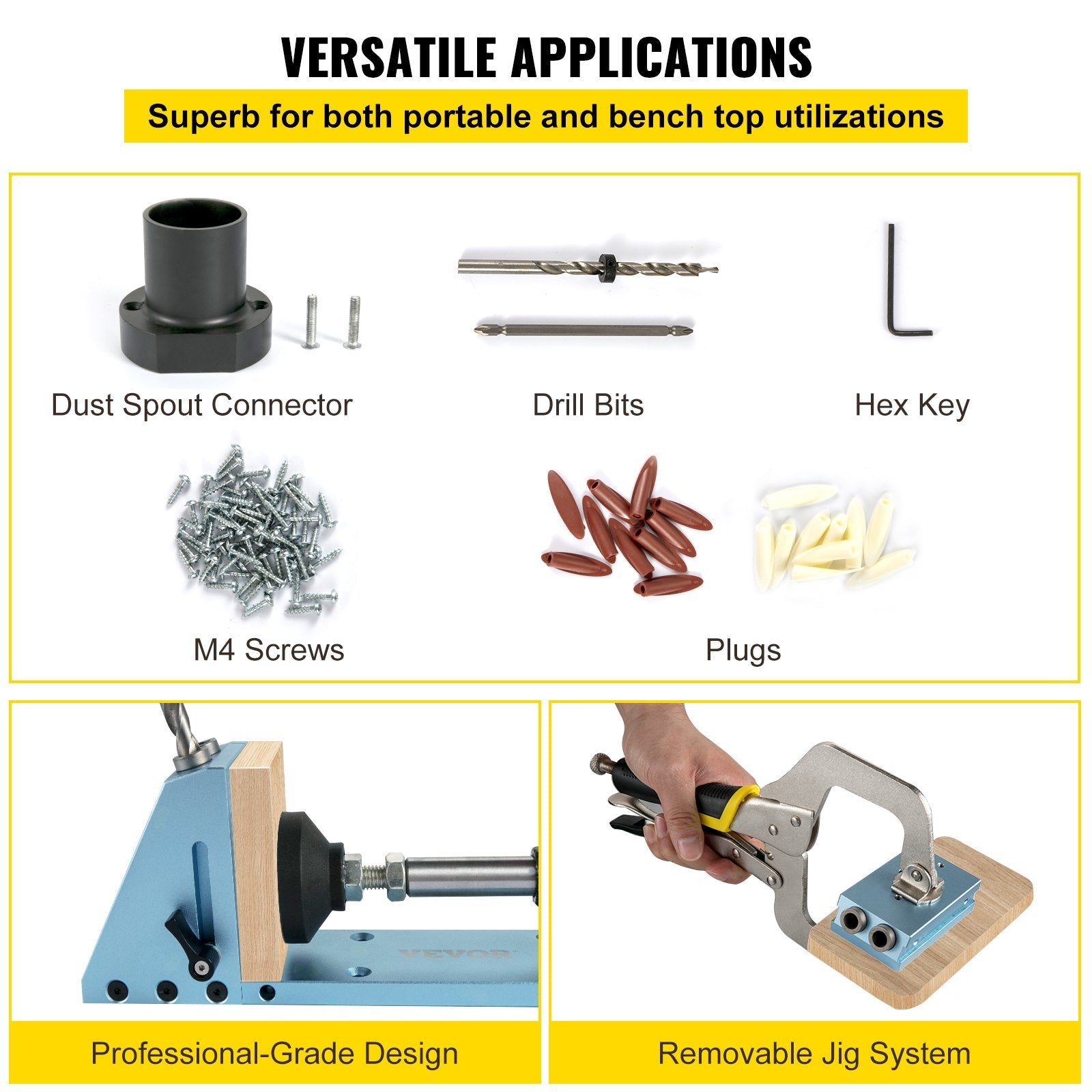 VEVOR Pocket Hole Jig Kit, M4 Adjustable & Easy to Use Joinery Woodworking System, Professional and Upgraded Aluminum, Wood Guides Joint Angle Tool w/Drill Bit Hex Key Screws for DIY Carpentry 