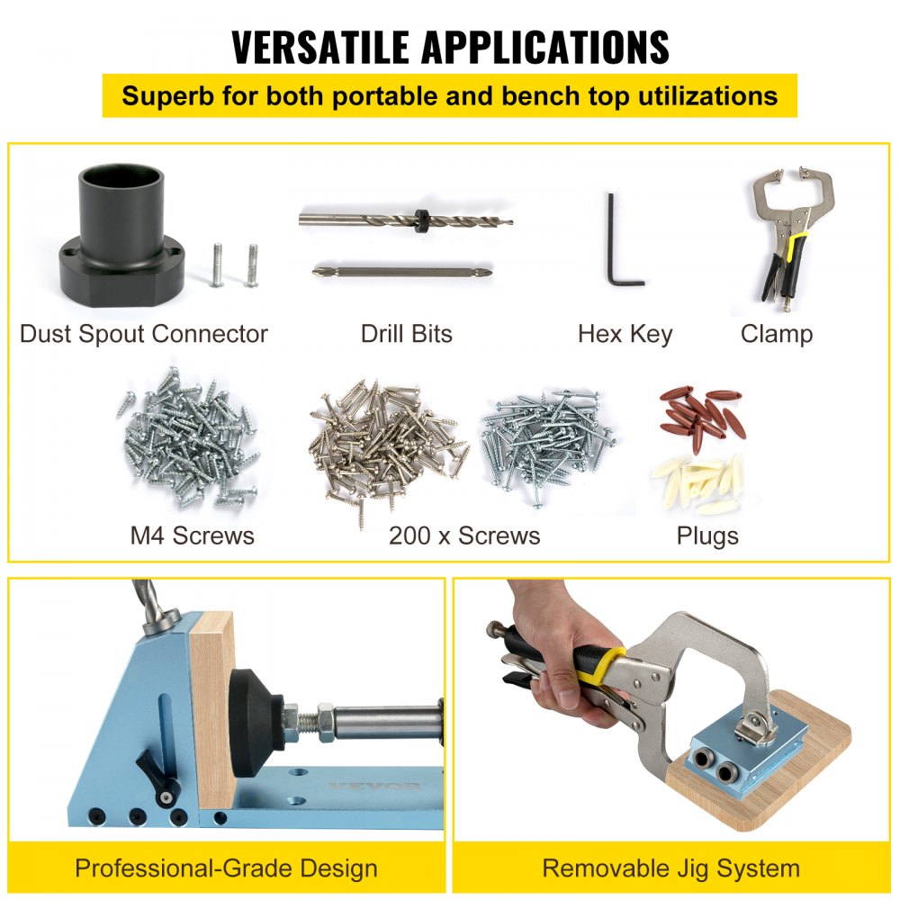 VEVOR Pocket Hole Jig Kit, Professional and Upgraded Aluminum, Adjustable & Easy to Use Joinery Woodworking System, Wood Guides Joint Angle Tool with Clamping Pliers Screw for DIY Carpentry Projects 
