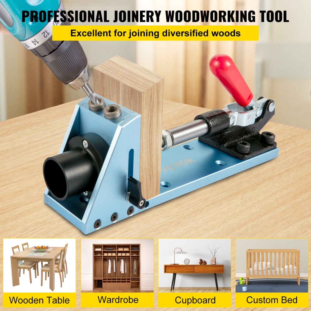 VEVOR Pocket Hole Jig Kit, Adjustable & Easy to Use Joinery Woodworking System, Professional and Upgraded Aluminum, Wood Guides Joint Angle Tool with Extension Rod Screws for DIY Carpentry Projects 