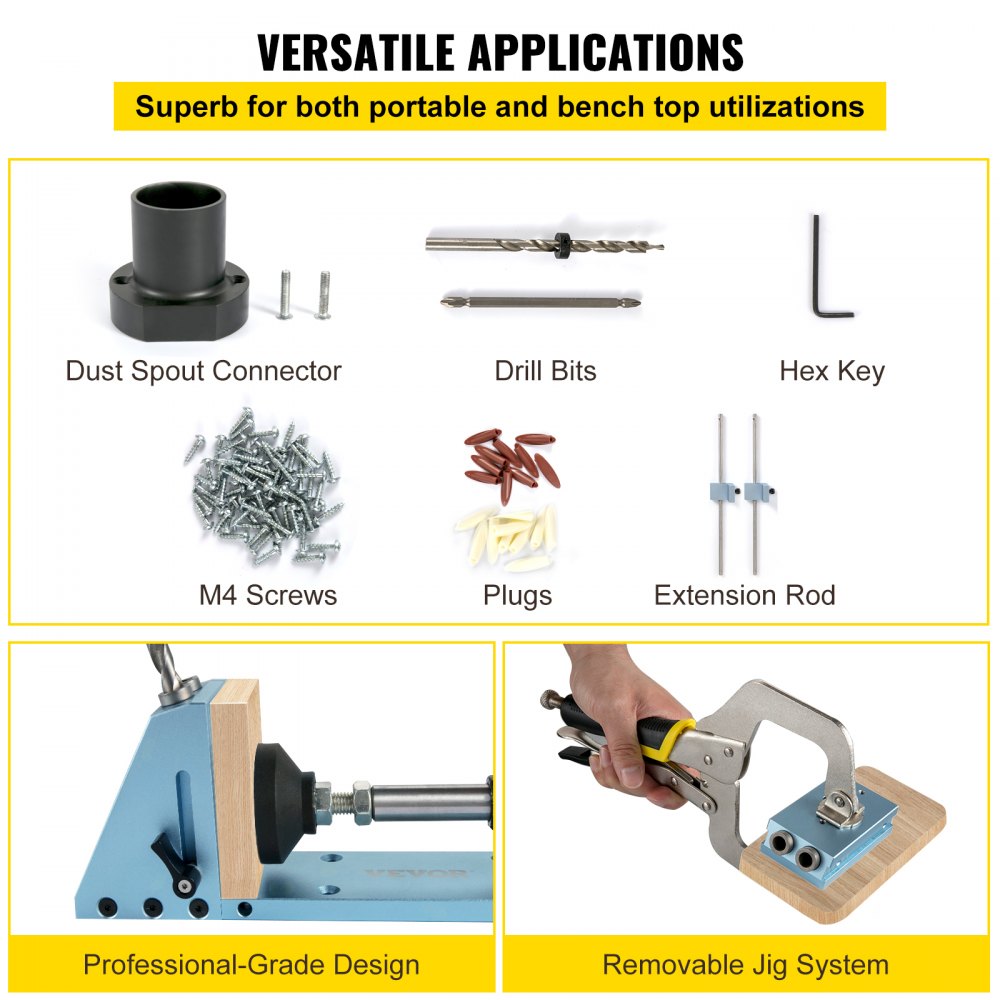 VEVOR Pocket Hole Jig Kit, Adjustable & Easy to Use Joinery Woodworking System, Professional and Upgraded Aluminum, Wood Guides Joint Angle Tool with Extension Rod Screws for DIY Carpentry Projects 