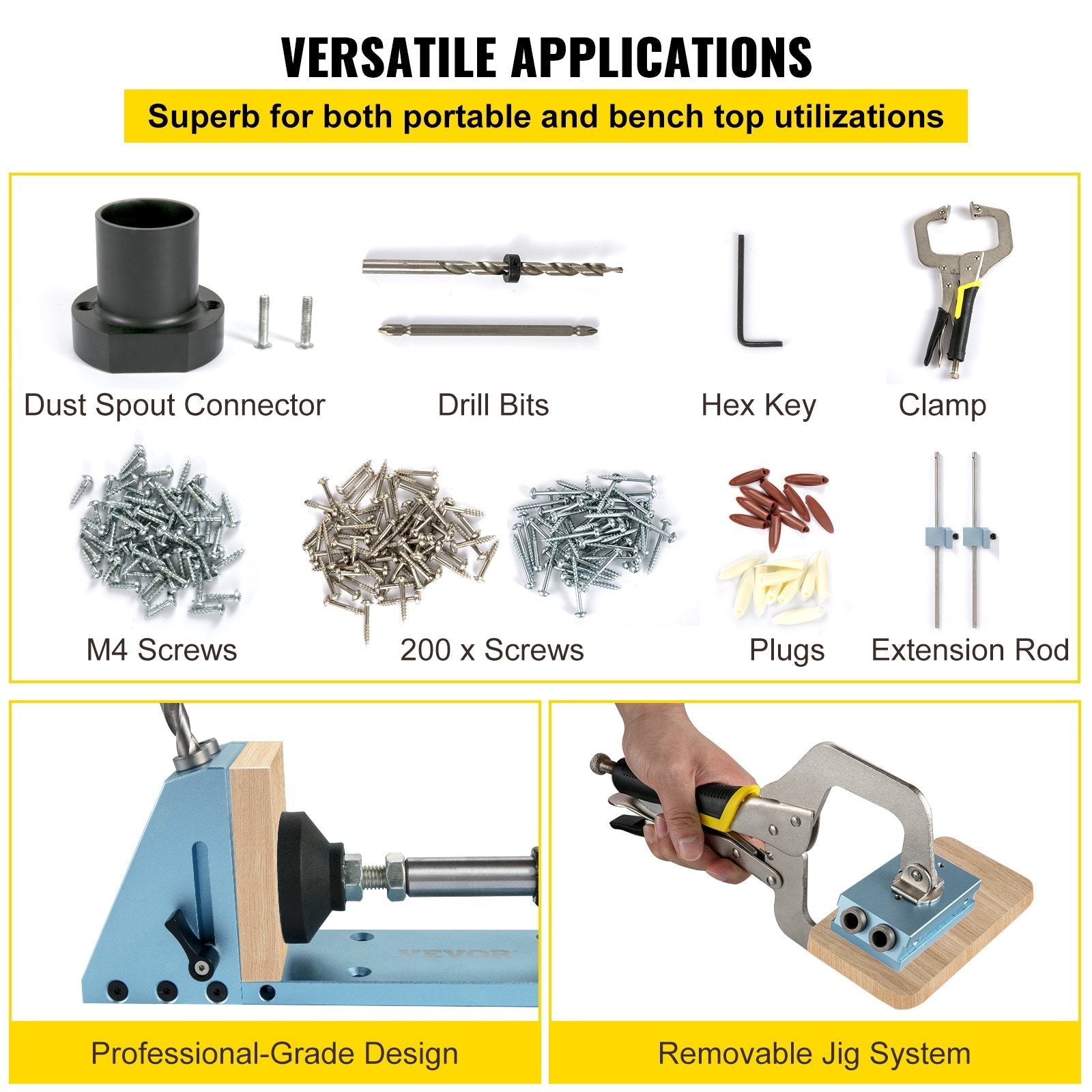 VEVOR Pocket Hole Jig Kit, Professional and Upgraded Aluminum, Adjustable & Easy to Use Joinery Woodworking System, Guides Joint Angle w/Extension Rod Clamping Pliers 200PCS Screws for DIY Carpentry 
