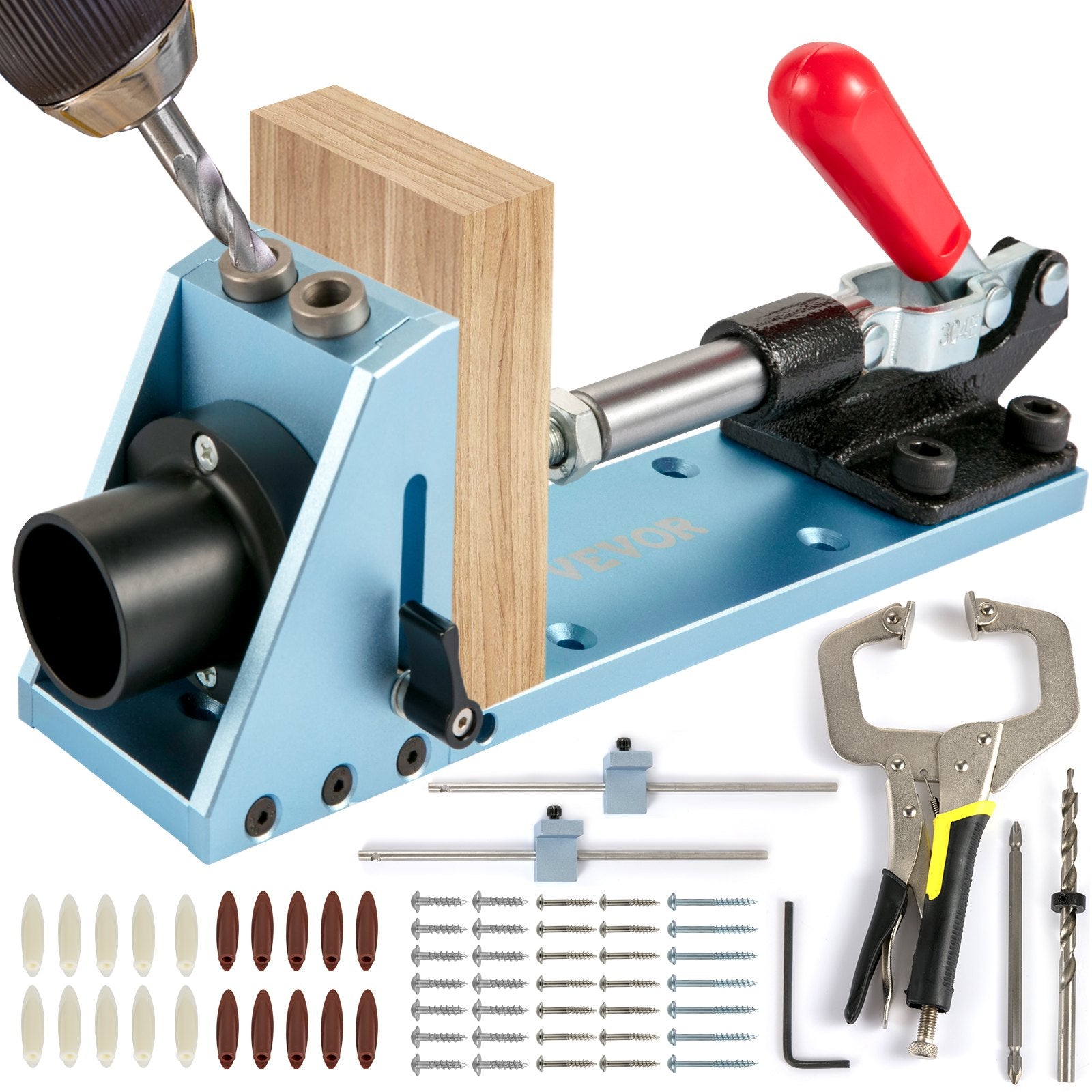 VEVOR Pocket Hole Jig Kit, Professional and Upgraded Aluminum, Adjustable & Easy to Use Joinery Woodworking System, Guides Joint Angle w/Extension Rod Clamping Pliers 200PCS Screws for DIY Carpentry 