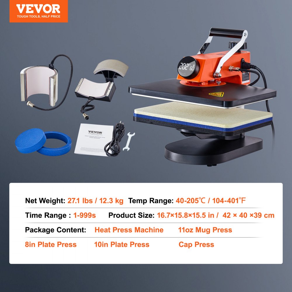 VEVOR Heat Press Machine, 12 x 15 inches Fast Heating 360 Swing Away Digital Sublimation Transfer, 5-in-1 T-Shirt Vinyl Transfer Printer for Banners Canvas Bag Pillow Shirts Cups Plates Caps 