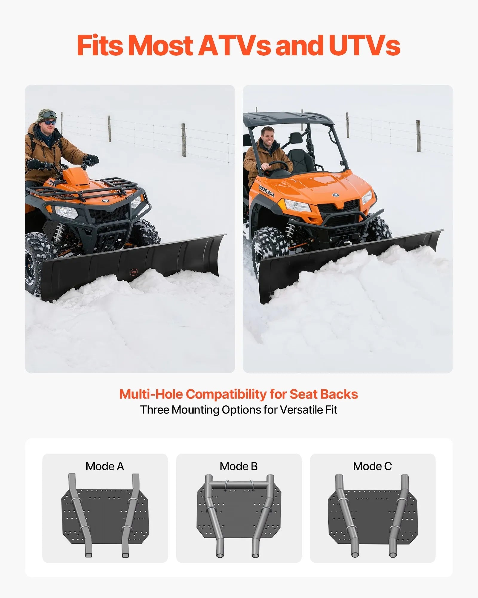 VEVOR Snow Plow Kit, 60in Universal Snow Plow Attachment, Height & Left-Right Adjustable, Quick To Detach, Steel ATV Scrape Blade, 3 Mount Options, Efficient Snows Clearing, for Most ATVs & UTVs 