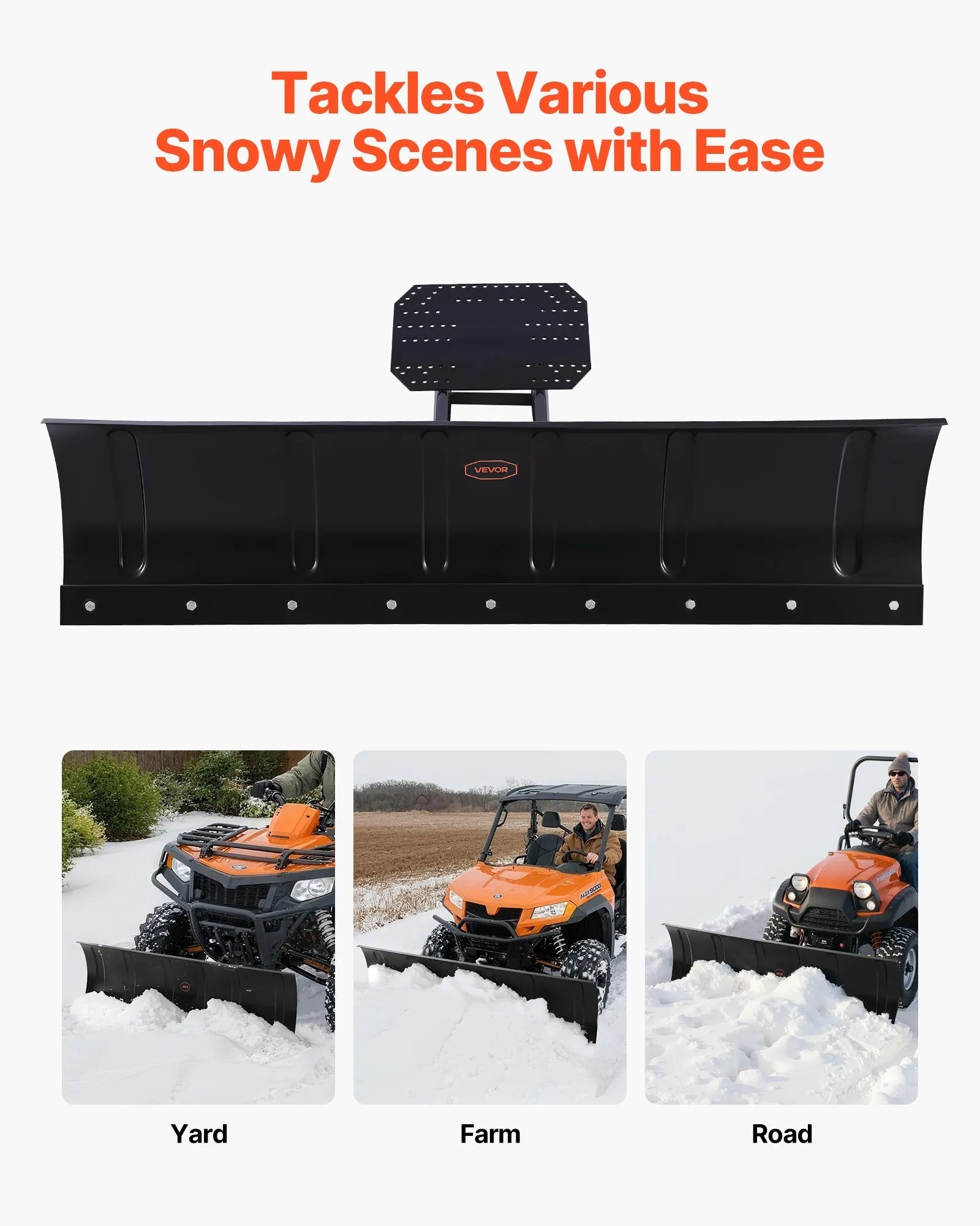 VEVOR Snow Plow Kit, 60in Universal Snow Plow Attachment, Height & Left-Right Adjustable, Quick To Detach, Steel ATV Scrape Blade, 3 Mount Options, Efficient Snows Clearing, for Most ATVs & UTVs 
