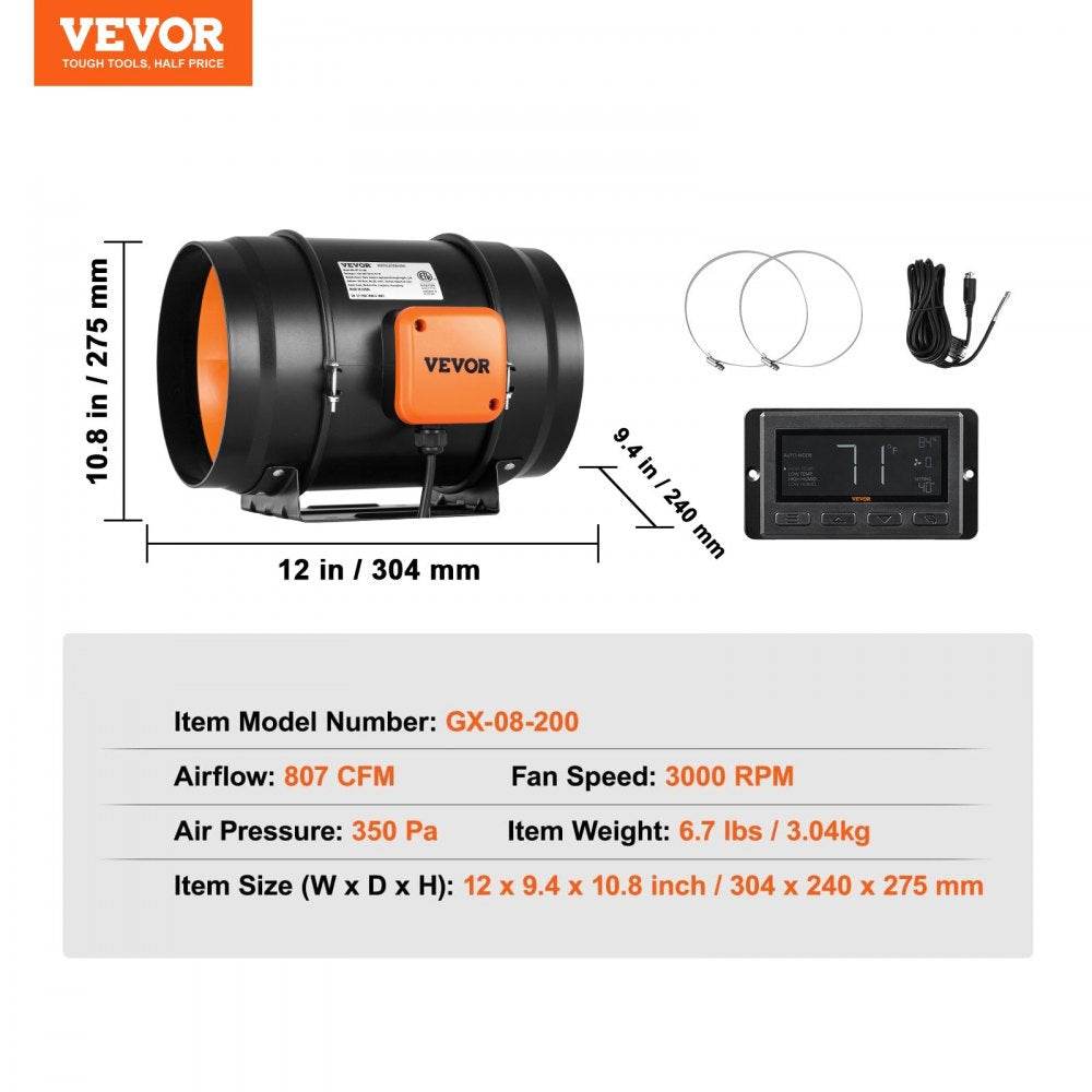 VEVOR 8 Inch Inline Duct Fan HVAC Exhaust Blower Kit EC Variable Speed Control 