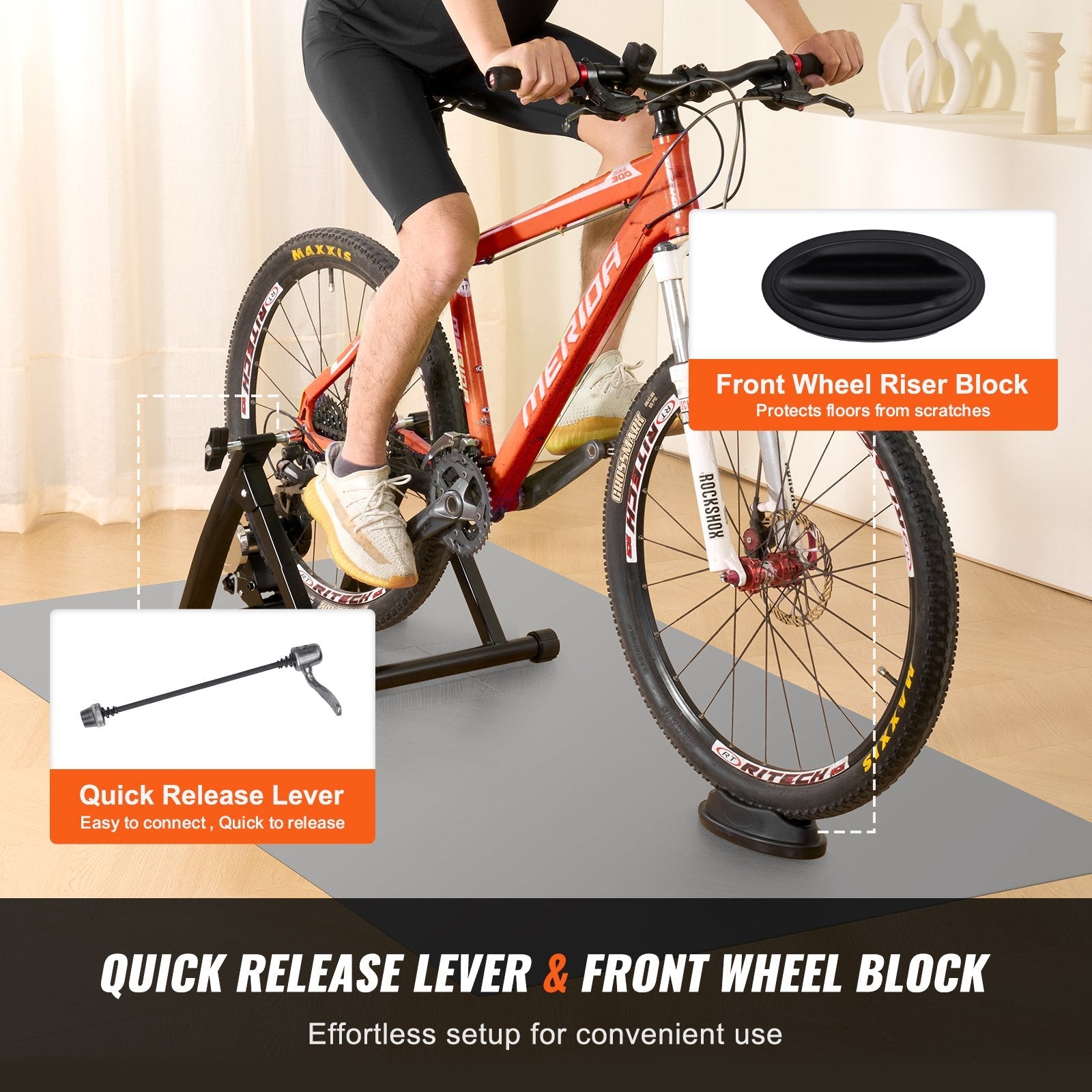 VEVOR Bike Trainer Stand, Magnetic Stationary Bike Stand for 26"-29" Wheels, Noise Reduction Flywheel Motor, Protable Cycling for Indoor Riding Exercise, with Quick-Release Lever & Front Wheel Riser 