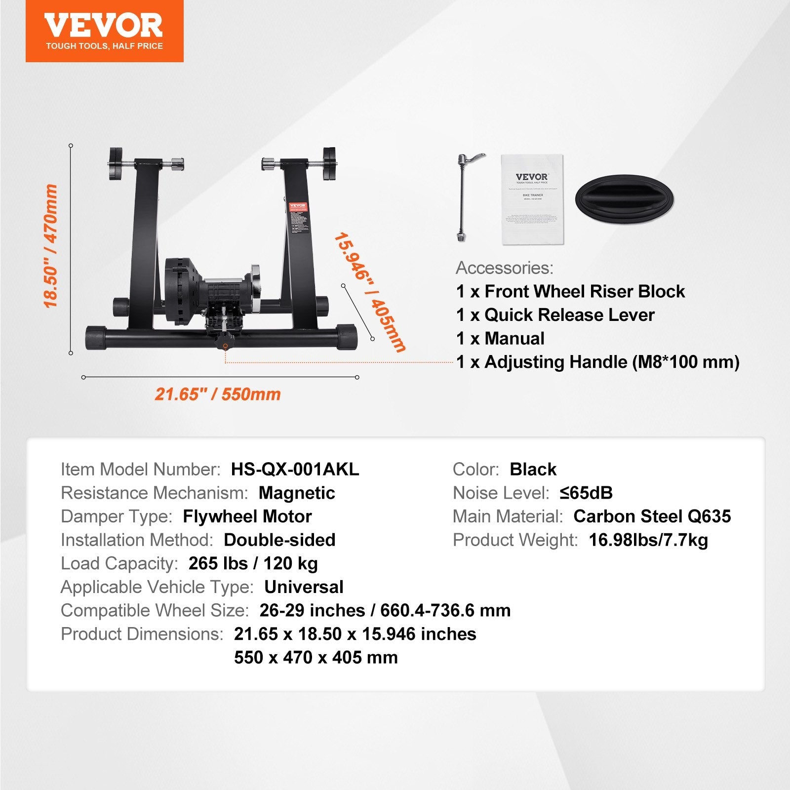 VEVOR Bike Trainer Stand, Magnetic Stationary Bike Stand for 26"-29" Wheels, Noise Reduction Flywheel Motor, Protable Cycling for Indoor Riding Exercise, with Quick-Release Lever & Front Wheel Riser 