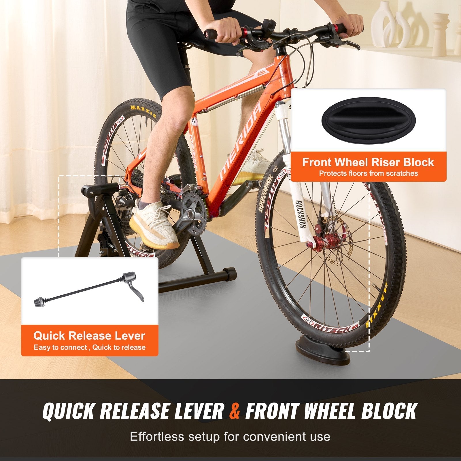 VEVOR Bike Trainer Stand, Fluid Stationary Bike Stand for 26"-29" Wheels, Noise Reduction Fluid Flywheel, Portable Cycling Stand for Indoor Riding Exercise, with Quick-Release Lever & Front Wheel Rise 