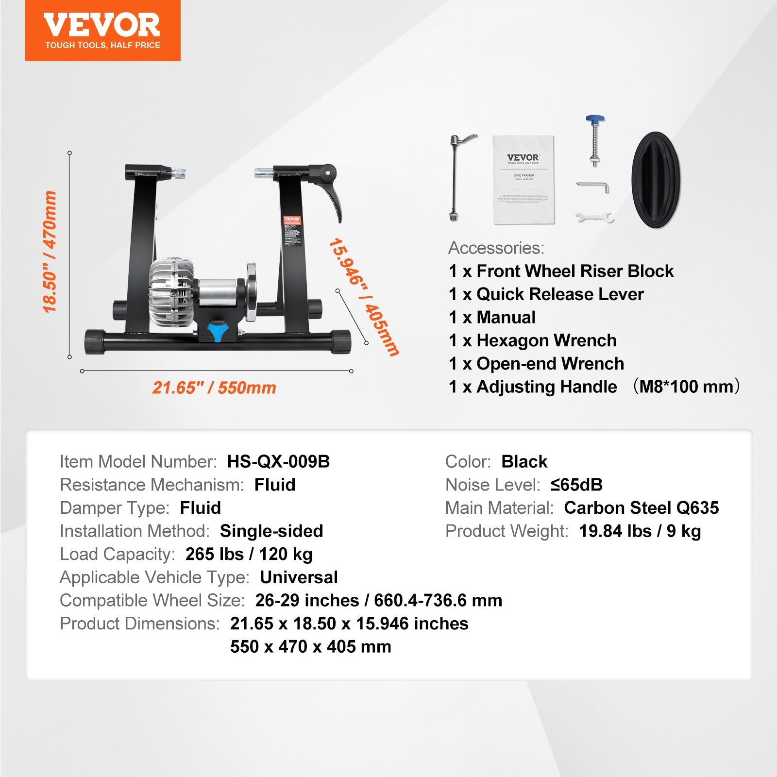 VEVOR Bike Trainer Stand, Fluid Stationary Bike Stand for 26"-29" Wheels, Noise Reduction Fluid Flywheel, Portable Cycling Stand for Indoor Riding Exercise, with Quick-Release Lever & Front Wheel Rise 